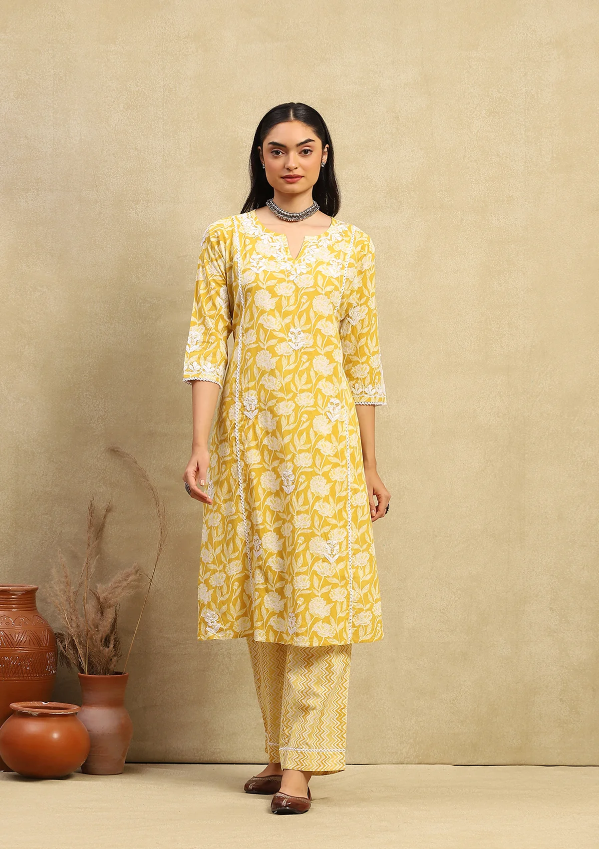 HOC Cotton Chikankari Printed Women's 2PC Long Kurta Set - Mustard Yellow - Healthber