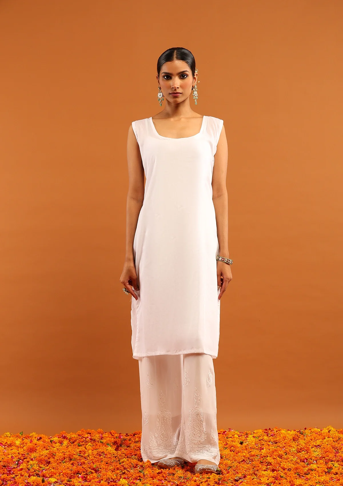 HOC Viscose Georgette Chikankari Mukaish & Kamdani Solid Women's 4 PC Long Kurta Set-White - Healthber