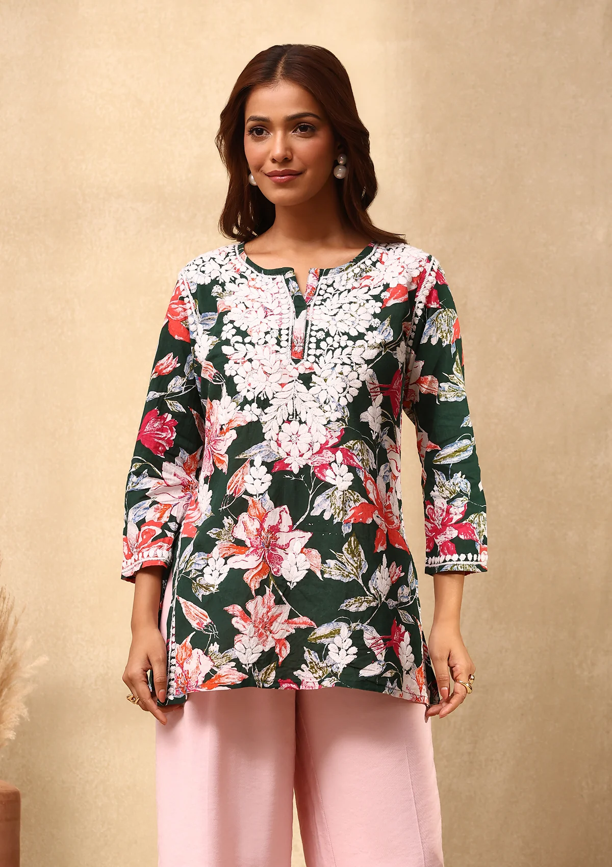 HOC Cotton Chikankari Printed Women's Short Kurta - Green - Healthber