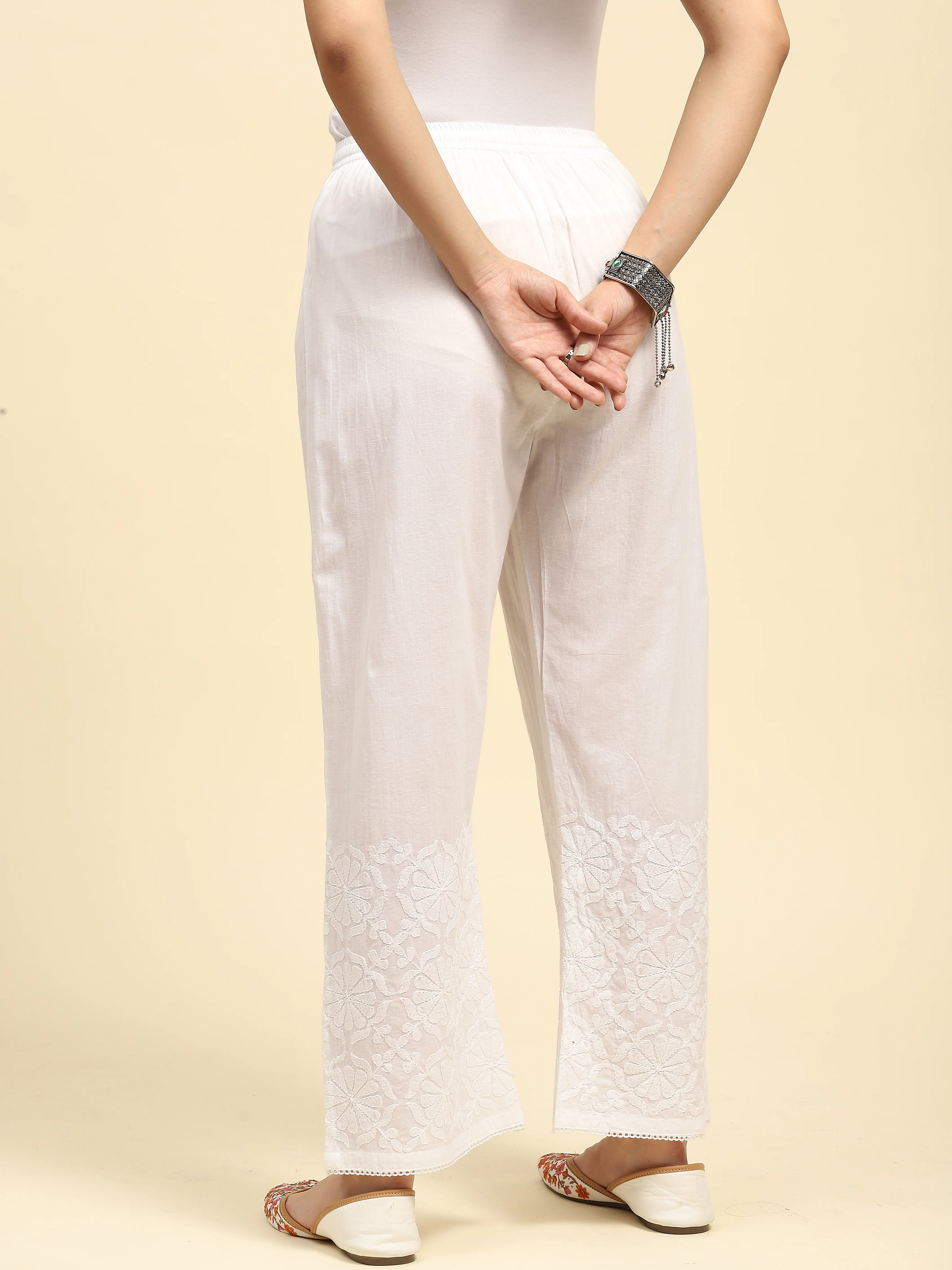 HOC Cotton Chikankari Solid Women's Palazzo - White - Healthber