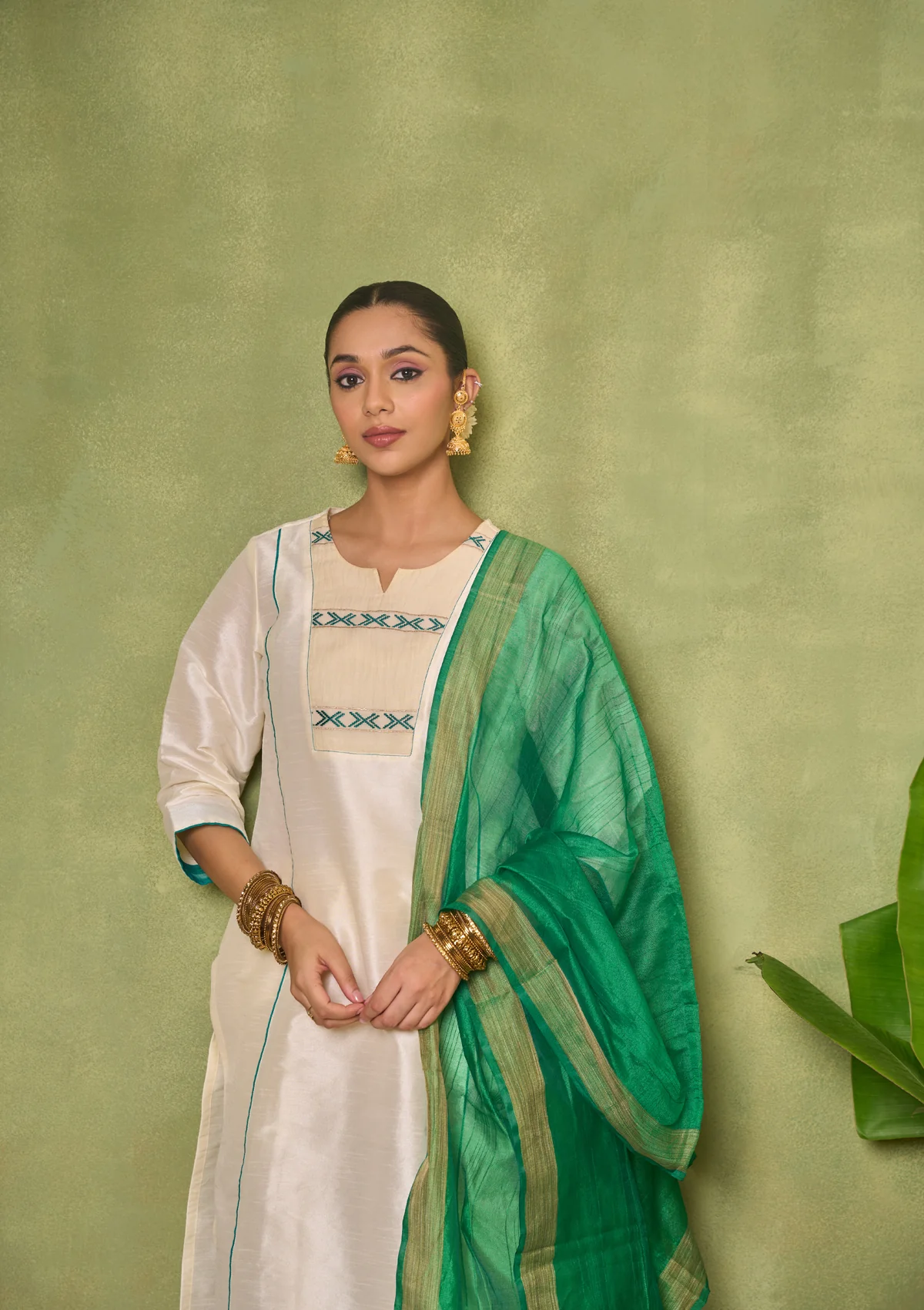 HOC Silk Blend Solid Women's 3 PC Long Kurta Set - Cream - Healthber