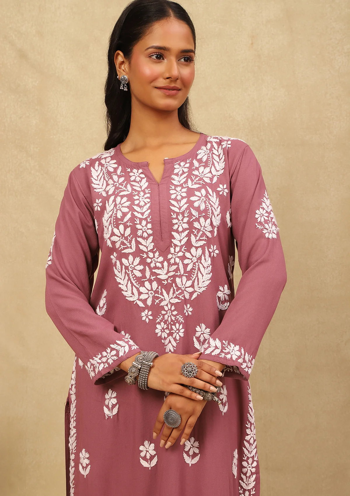 HOC Rayon Chikankari Solid Women's Long Kurta - Purple - Healthber