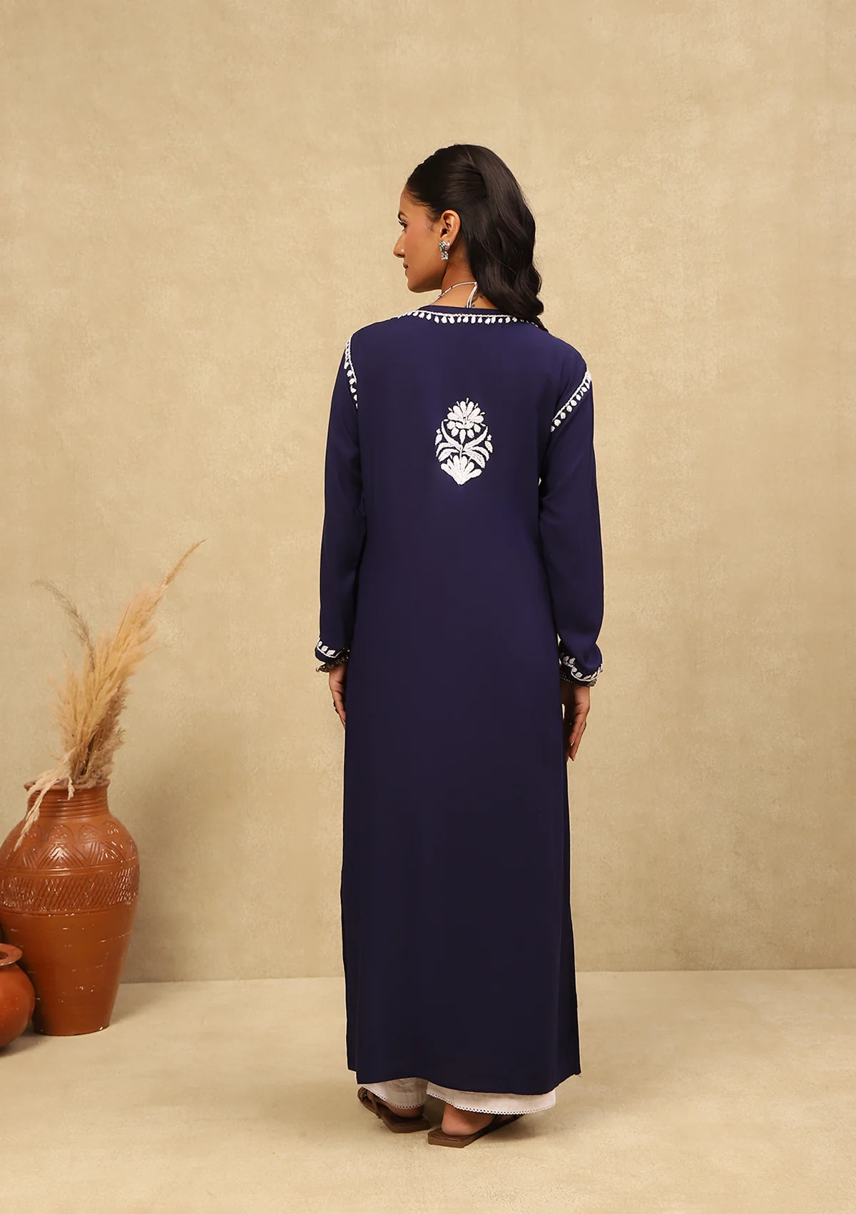 HOC Rayon Chikankari Solid Women's Long Kurta -Navy Blue - Healthber