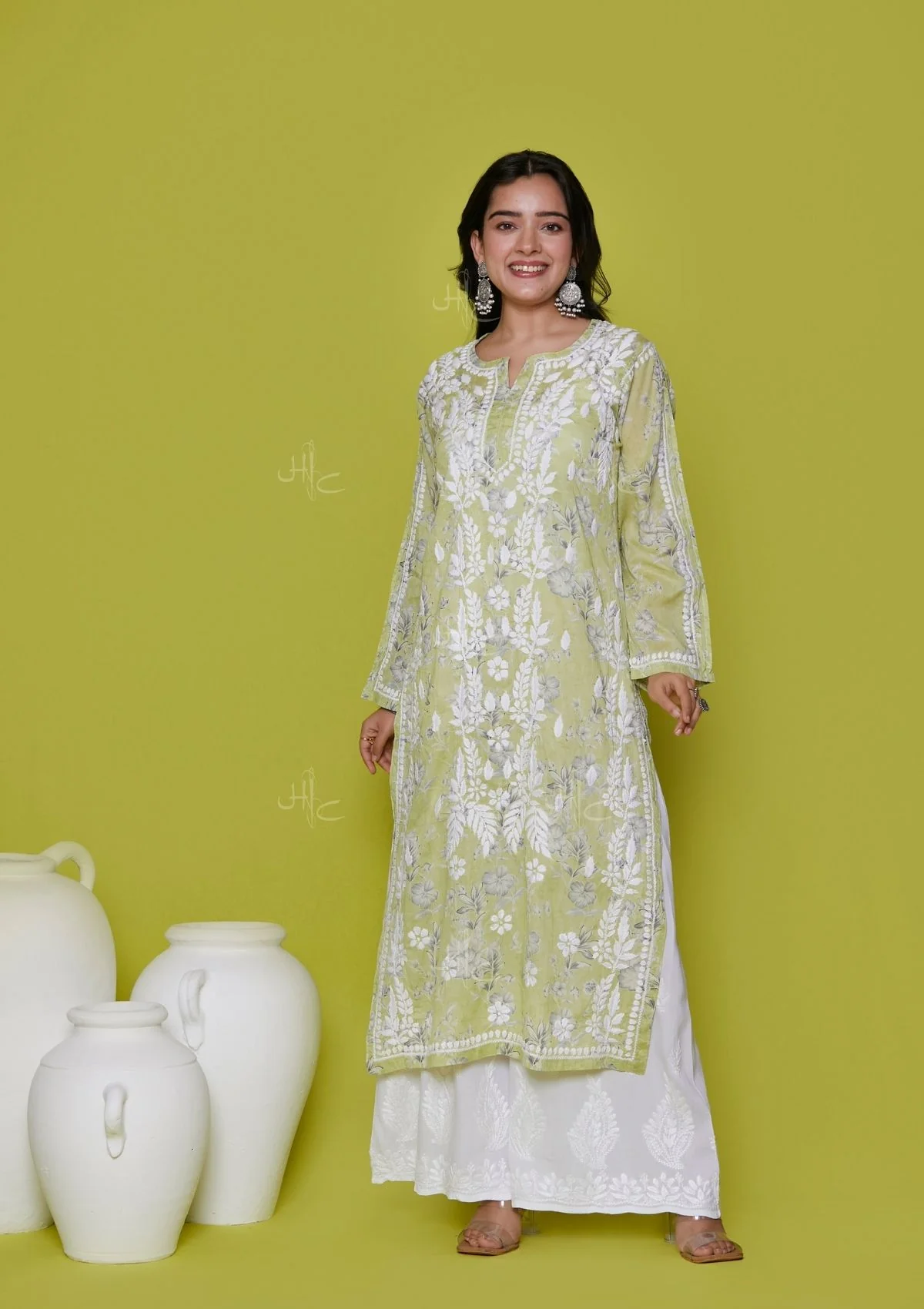 HOC Mulmul Chikankari Printed Women's Long Kurta - Green - Healthber