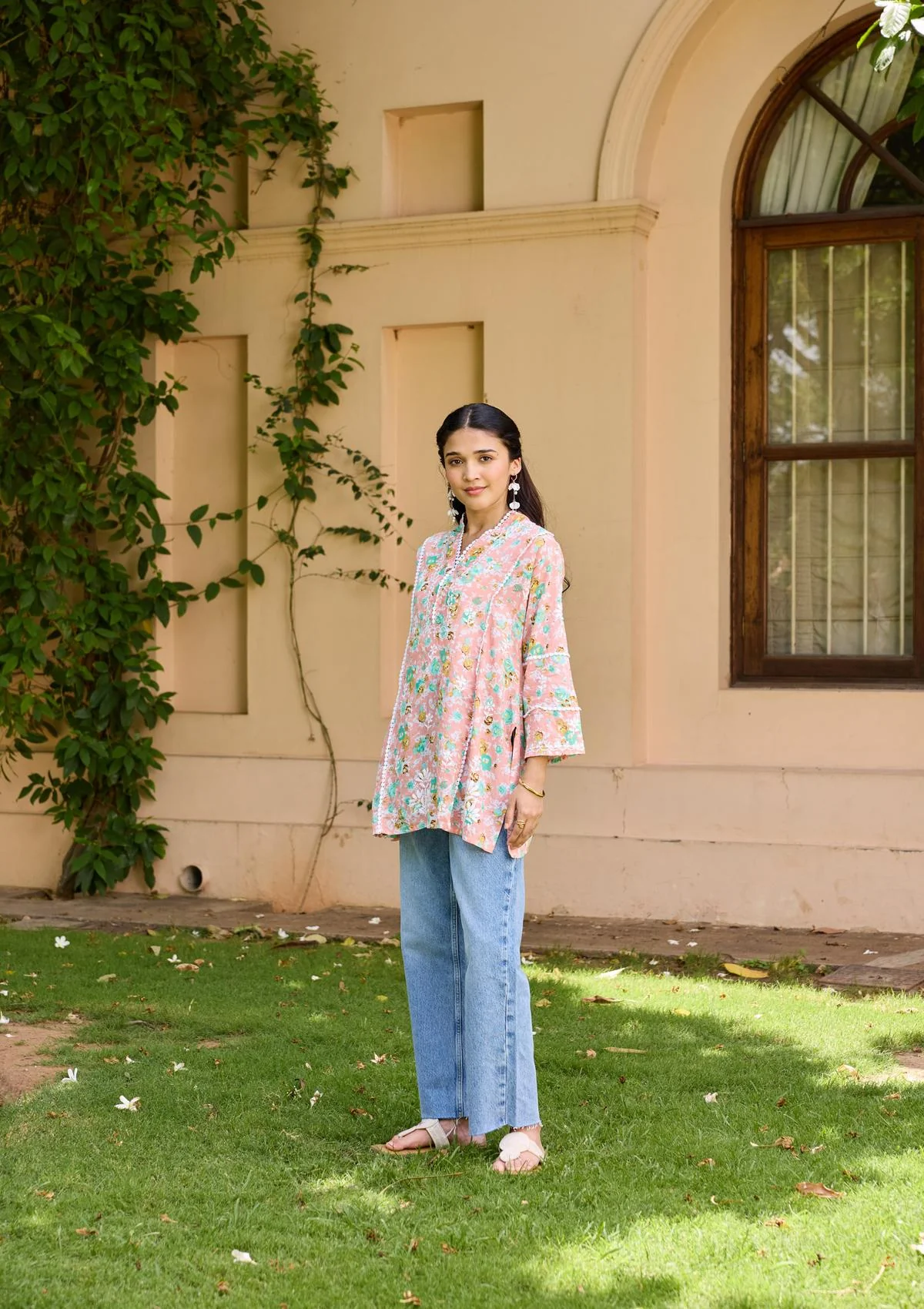 HOC Cotton Chikankari Printed Women's Short Kurta - Peach - Healthber