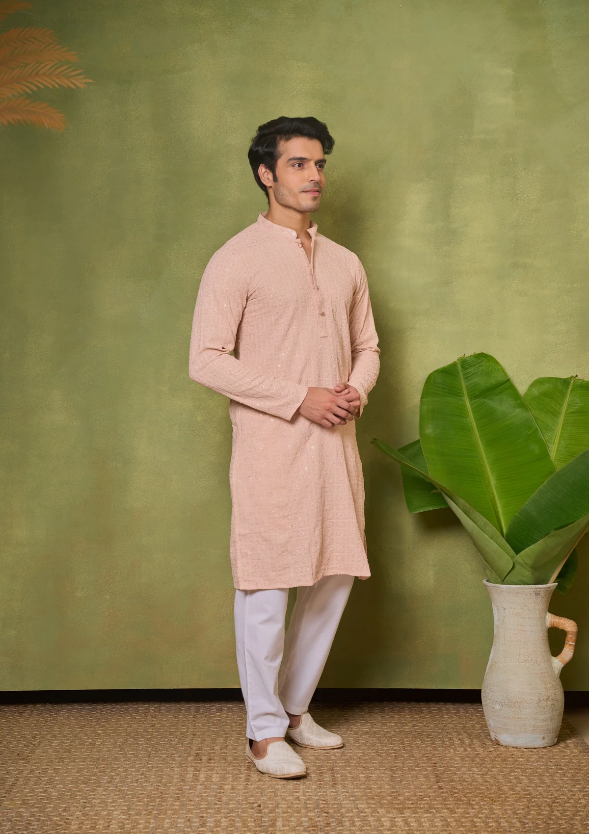 HOC Rayon Embroidered With Sequins Solid Men's Long Kurta- Peach - Healthber