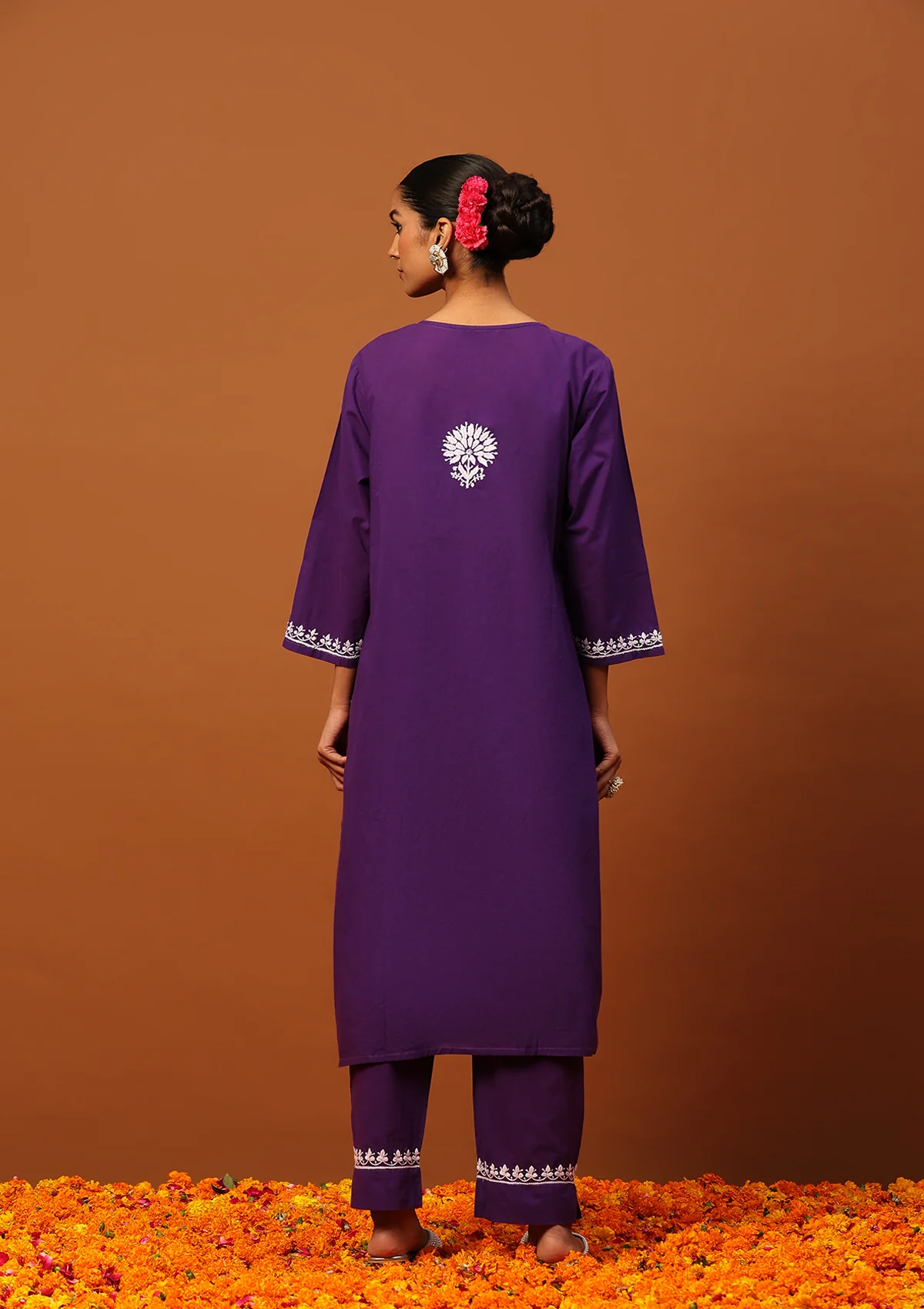 HOC Cotton Chikankari Solid Women's 2 PC Long Kurta Set-Purple - Healthber
