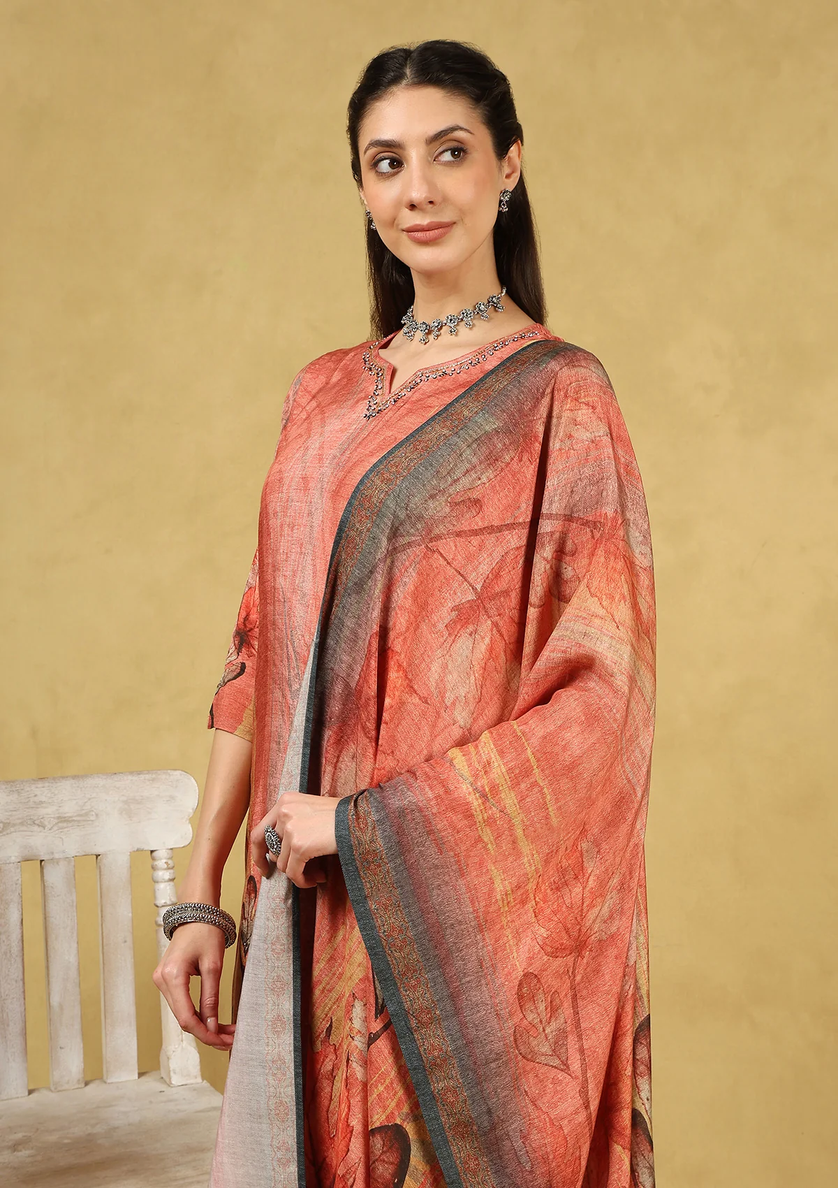 HOC Hand Embellished Muslin Printed Women's 3 PC Long Kurta Set with Dupatta - Rust - Healthber