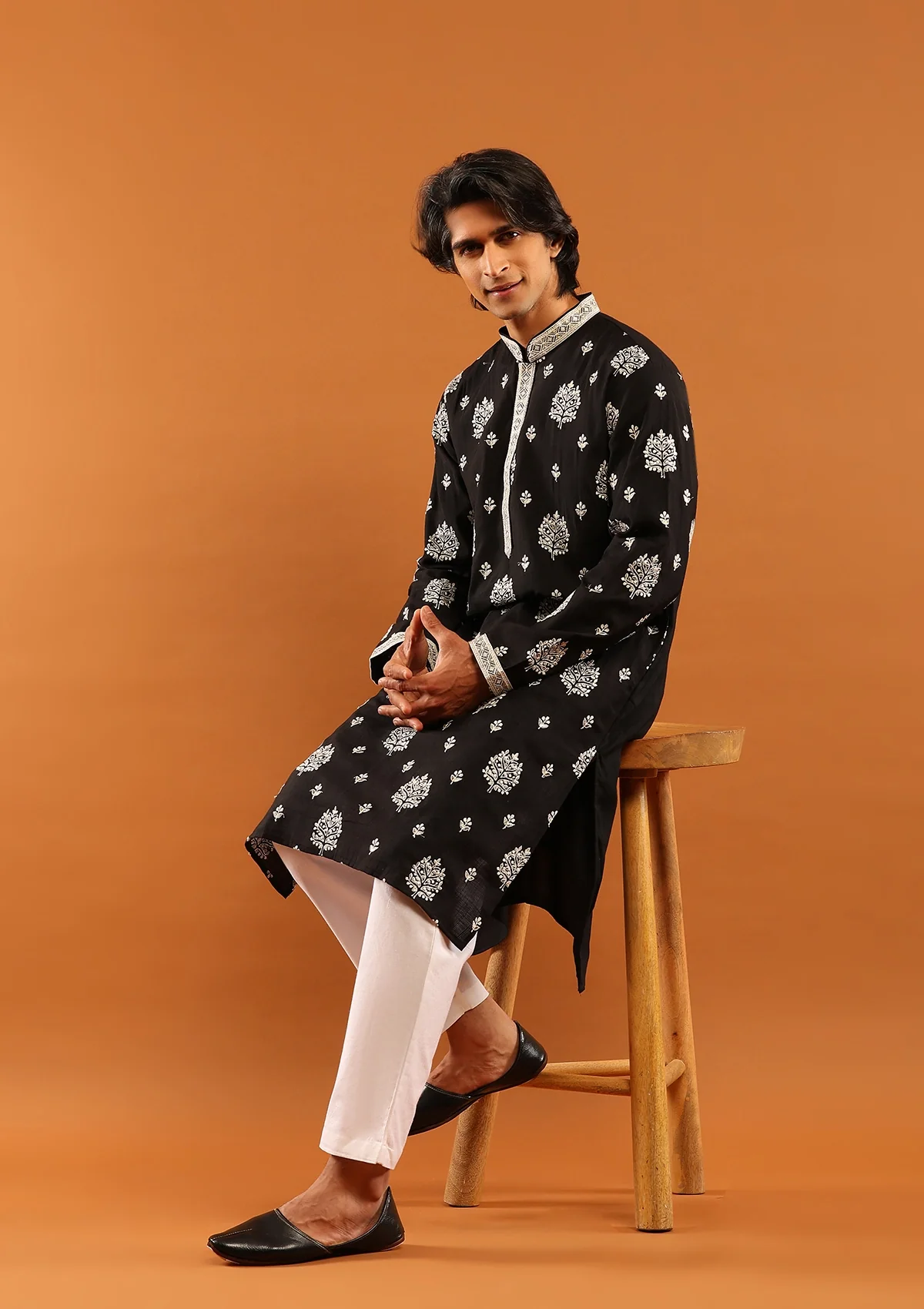 HOC Poly Silk Zari Embroidered Solid Men's Long Kurta- Black - Healthber