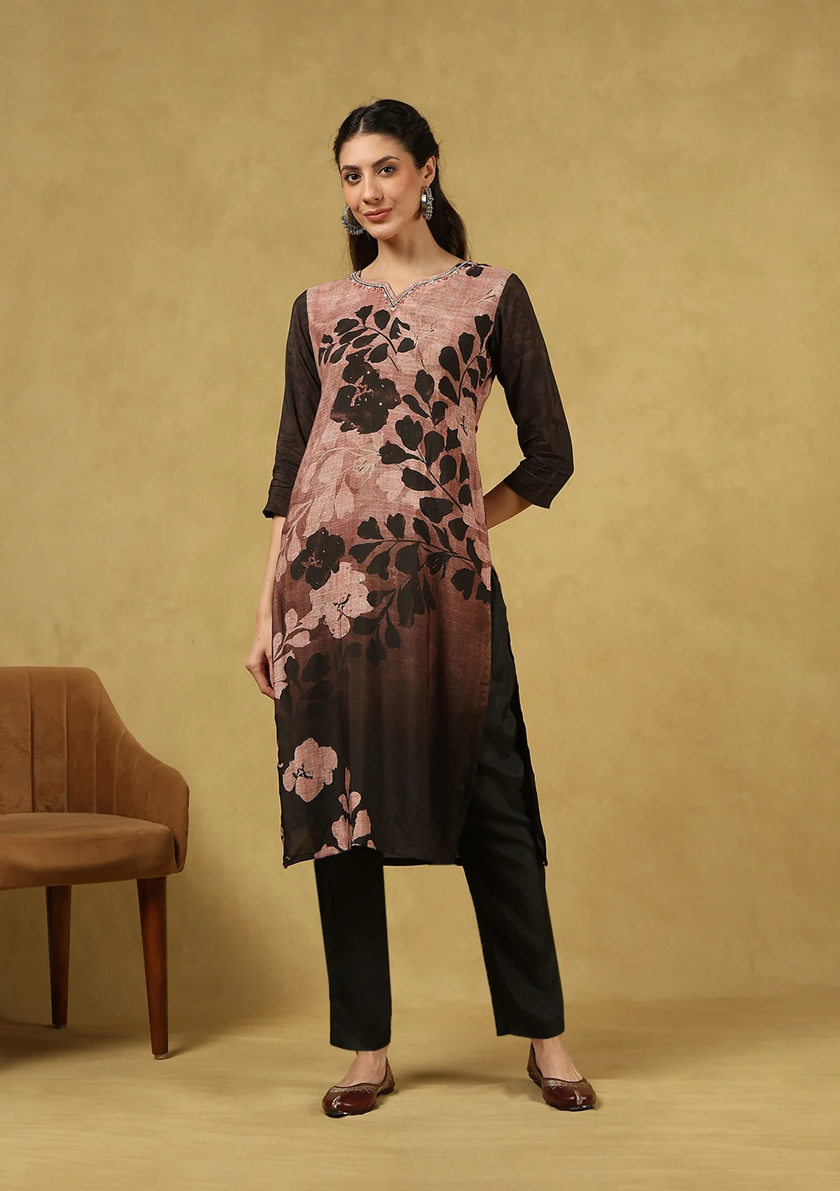 HOC Hand Embellished Muslin Printed Women's 3 PC Long Kurta Set with Dupatta - Black - Healthber