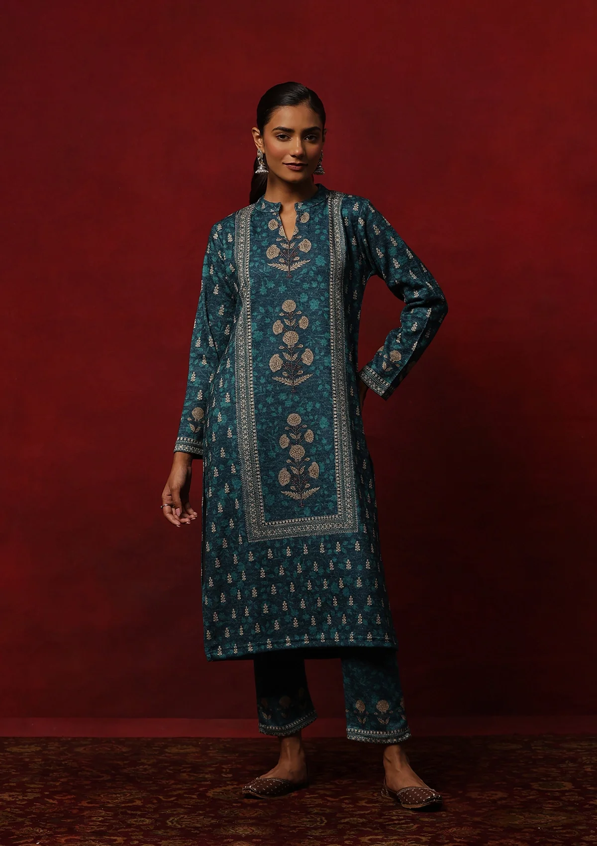 HOC Woollen Hand Embellished Printed Women's 3 PC Kurta Set - Teal Green - Healthber