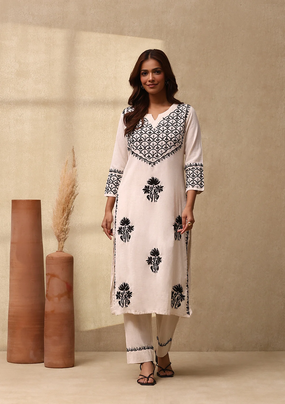 HOC Cotton Linen Blend Chikankari Solid Women's 2PC Long Kurta Set - Off White - Healthber
