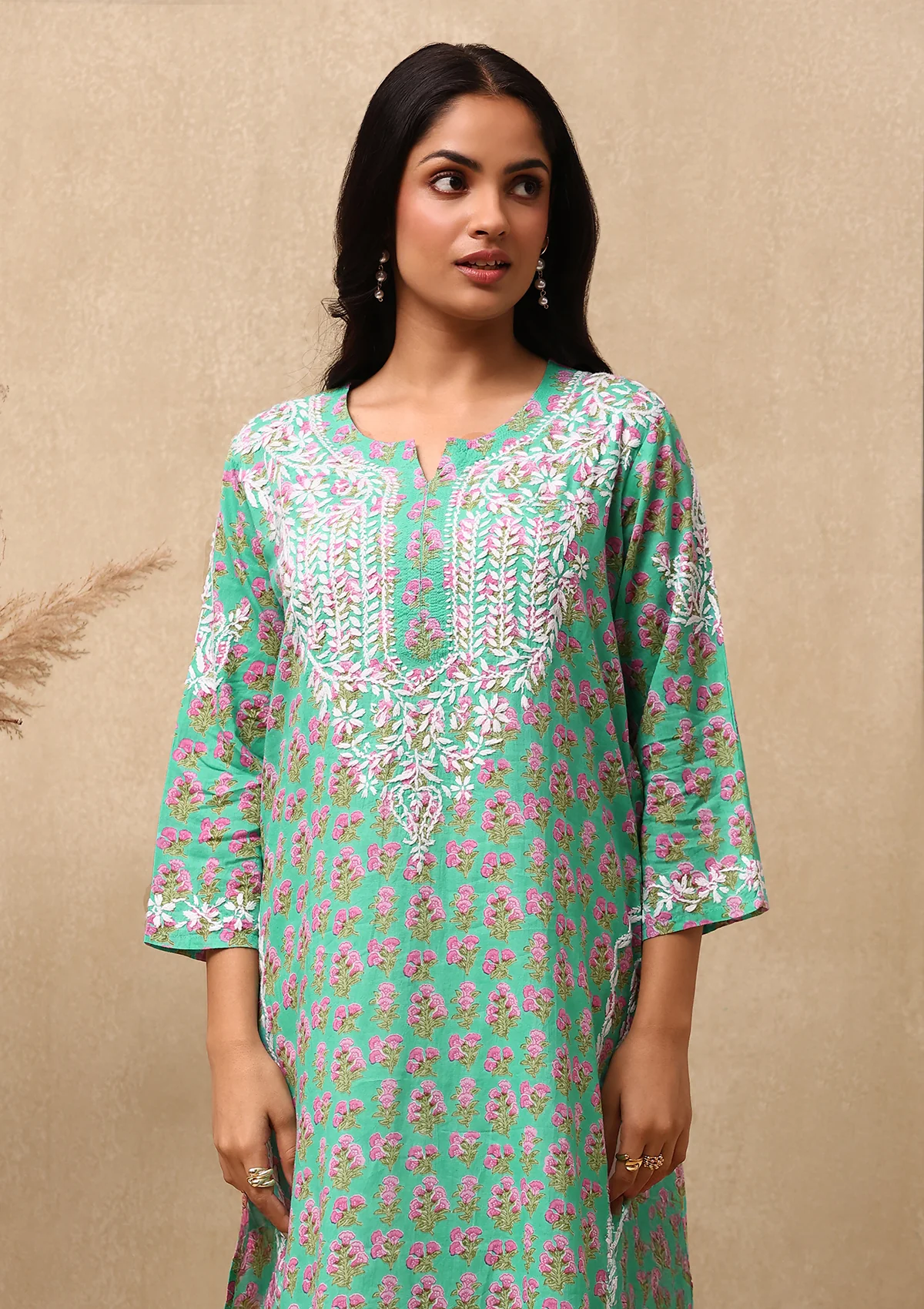 HOC Cotton Chikankari Printed Women's Long Kurta - Green - Healthber