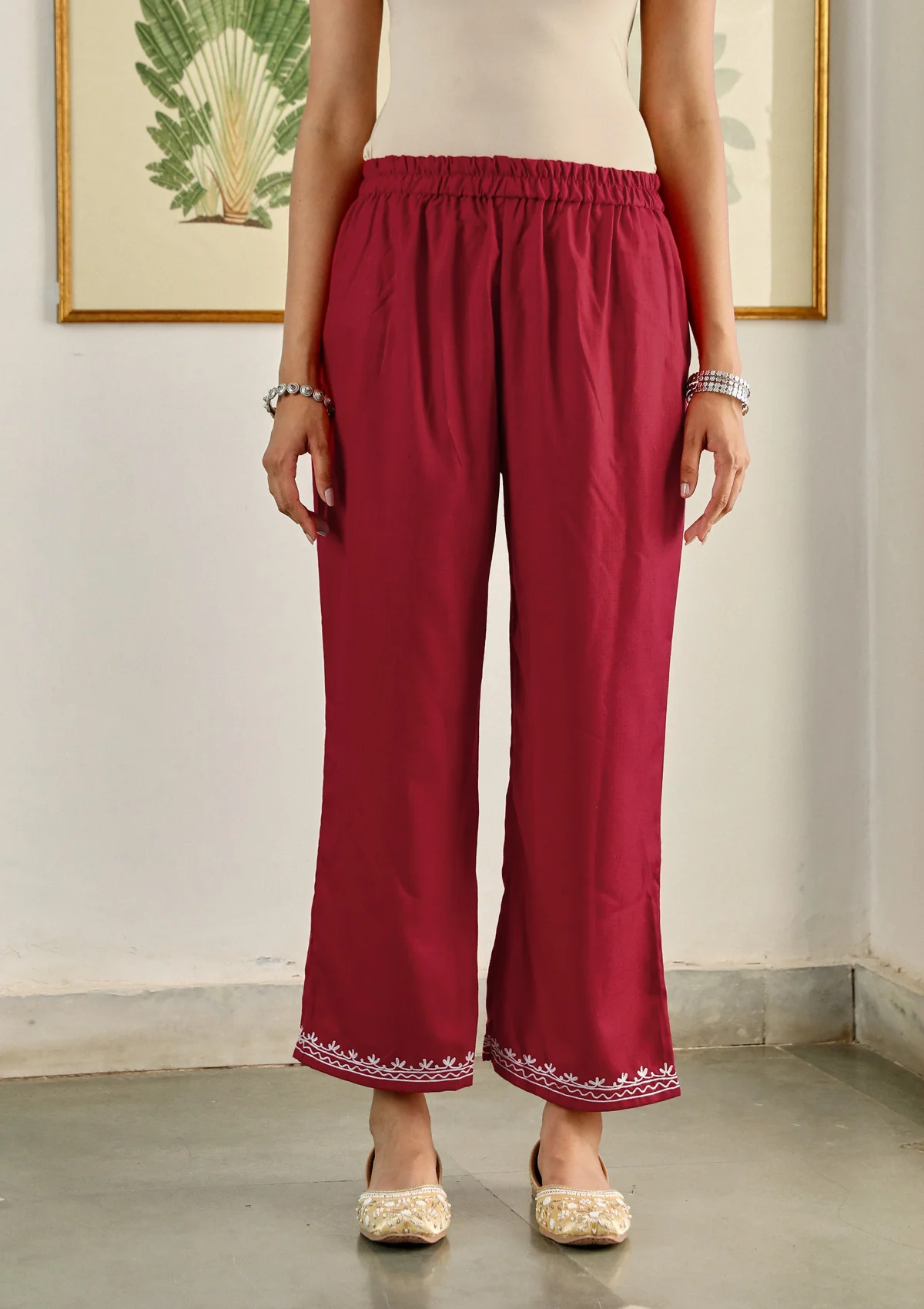 HOC Cotton Aari Embroidered Solid Women's 2 PC Long  Kurta Set - Red - Healthber