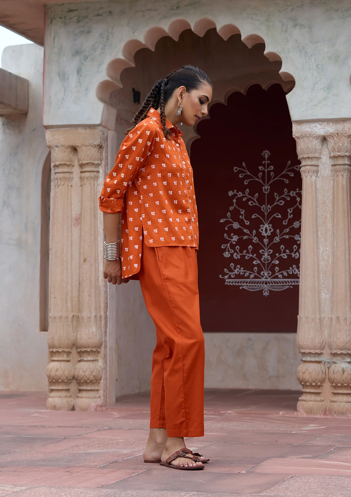 HOC Glazed Cotton Hand Block Printed with Hand Embroidery Women's 2 PC Co-ord Set - Orange - Healthber