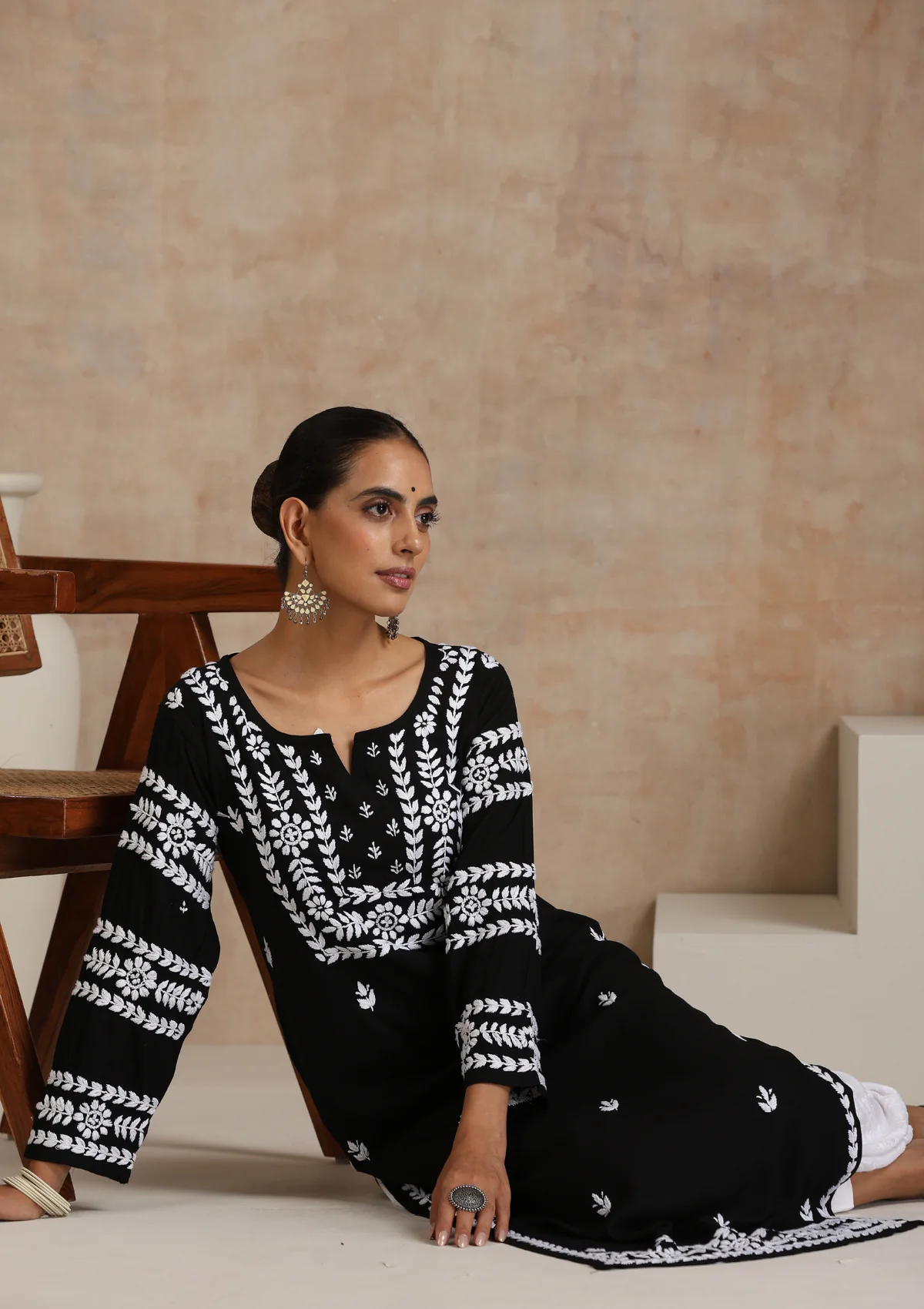 HOC Rayon Chikankari Solid Women's Long Kurta - Black - Healthber