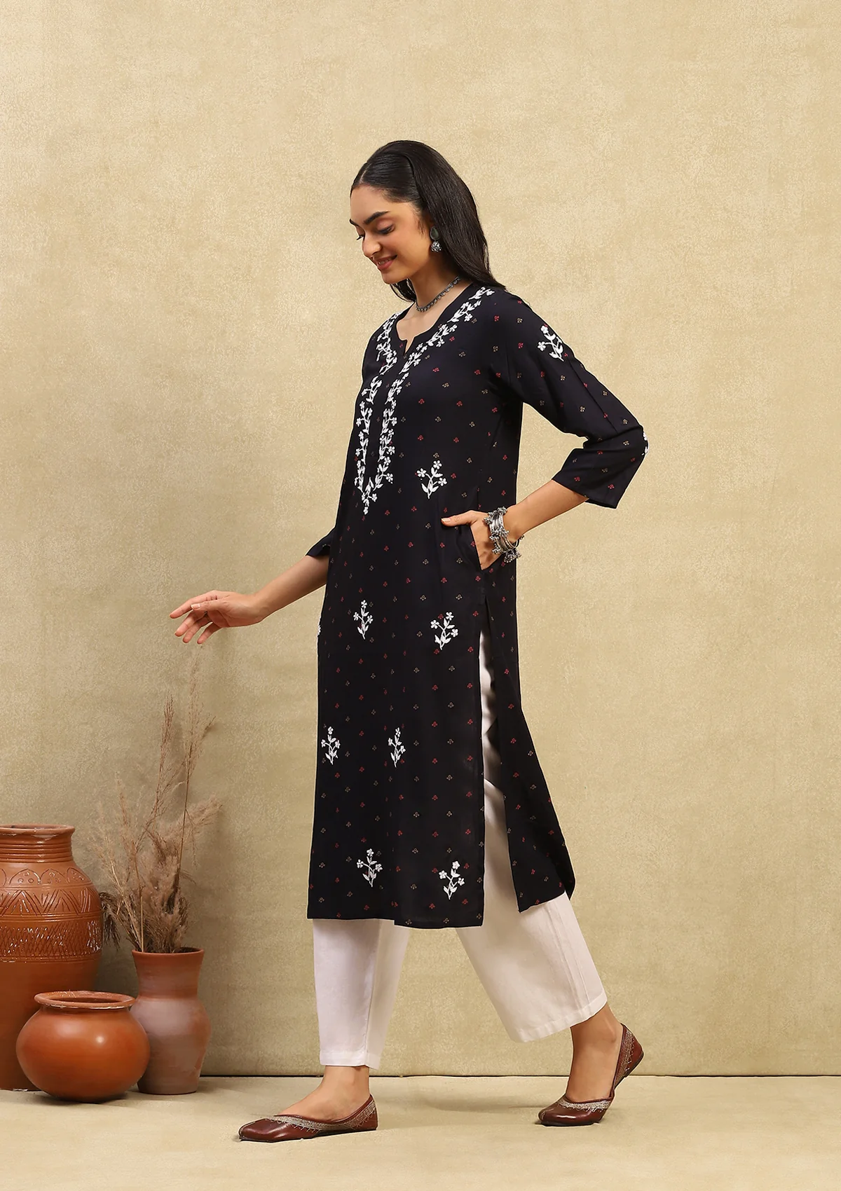 HOC Rayon Chikankari Printed Women's Long Kurta - Navy Blue - Healthber