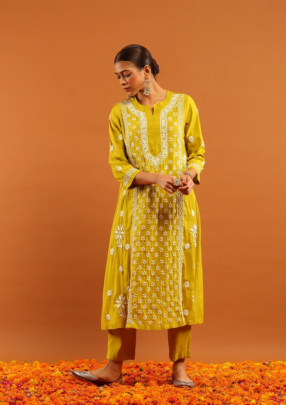 HOC Chanderi Chikankari Solid Women's 3 PC Long Kurta Set-Green - Healthber