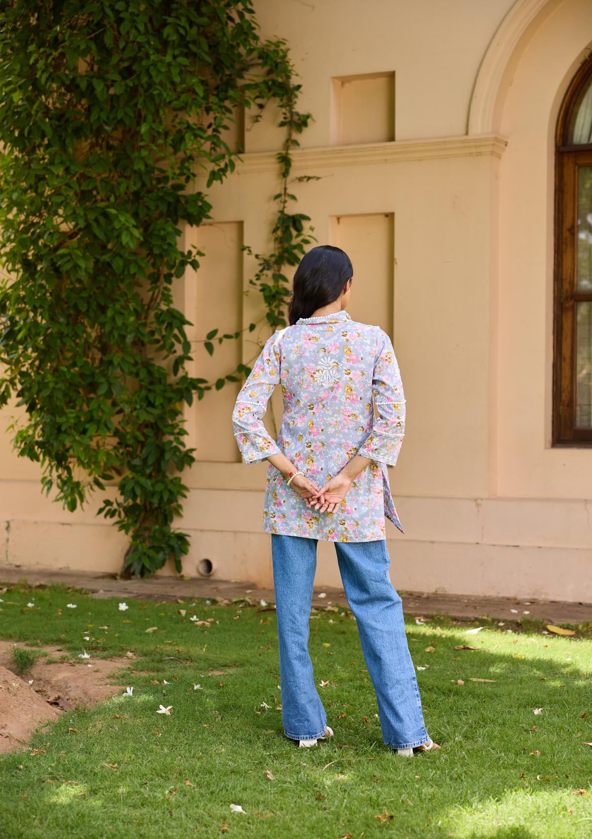 HOC Cotton Chikankari Printed Women's Short Kurta - Grey - Healthber