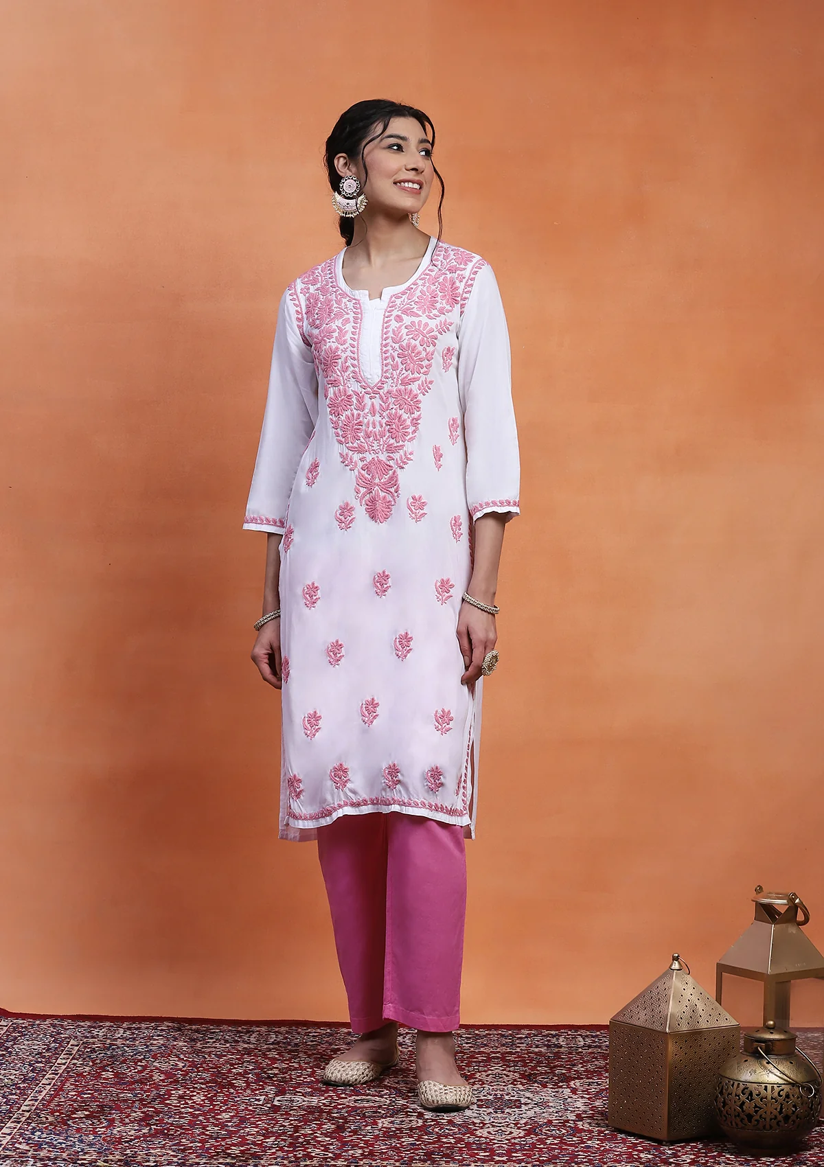 HOC Rayon Chikankari Solid Women's Long Kurta - White - Healthber