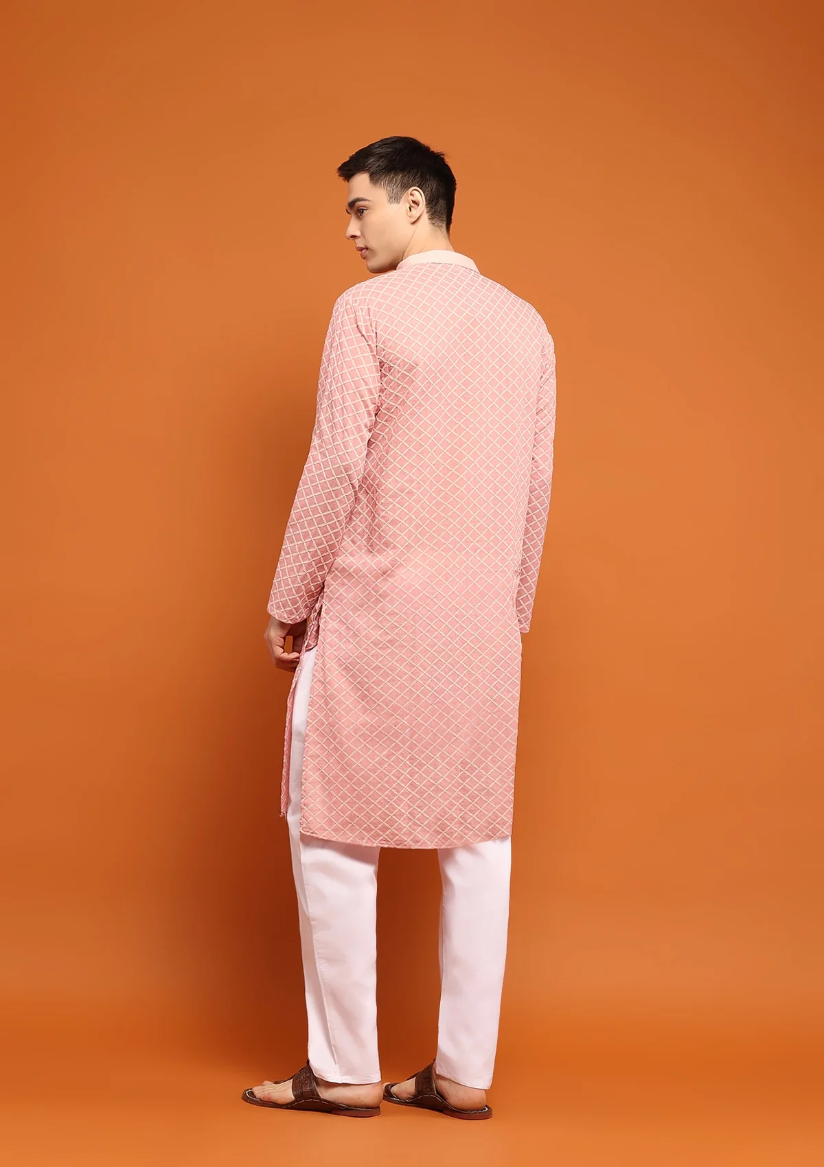 HOC Dobby Textured Solid Men's Long Kurta - Peach - Healthber