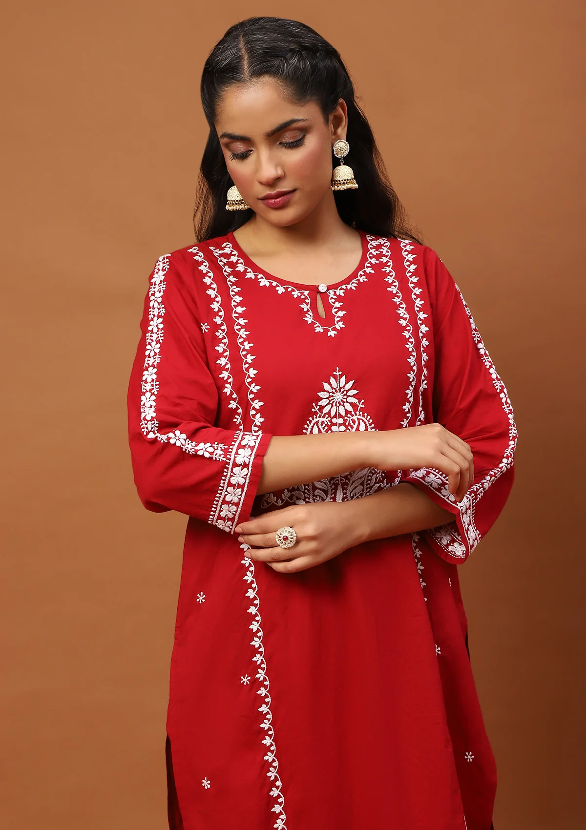 HOC Cotton Chikankari Solid Women's 2 PC Long Kurta Set-Red - Healthber