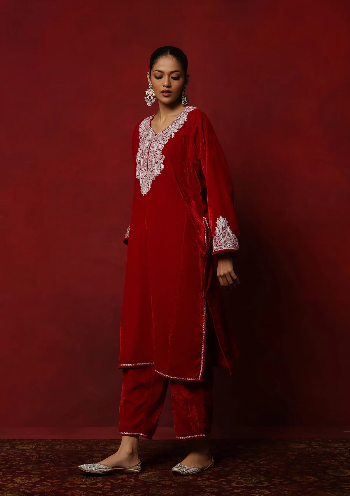 HOC Kashmiri Velvet Tilla Embroidered Solid Women's 2 PC Phiran Set -Red - Healthber
