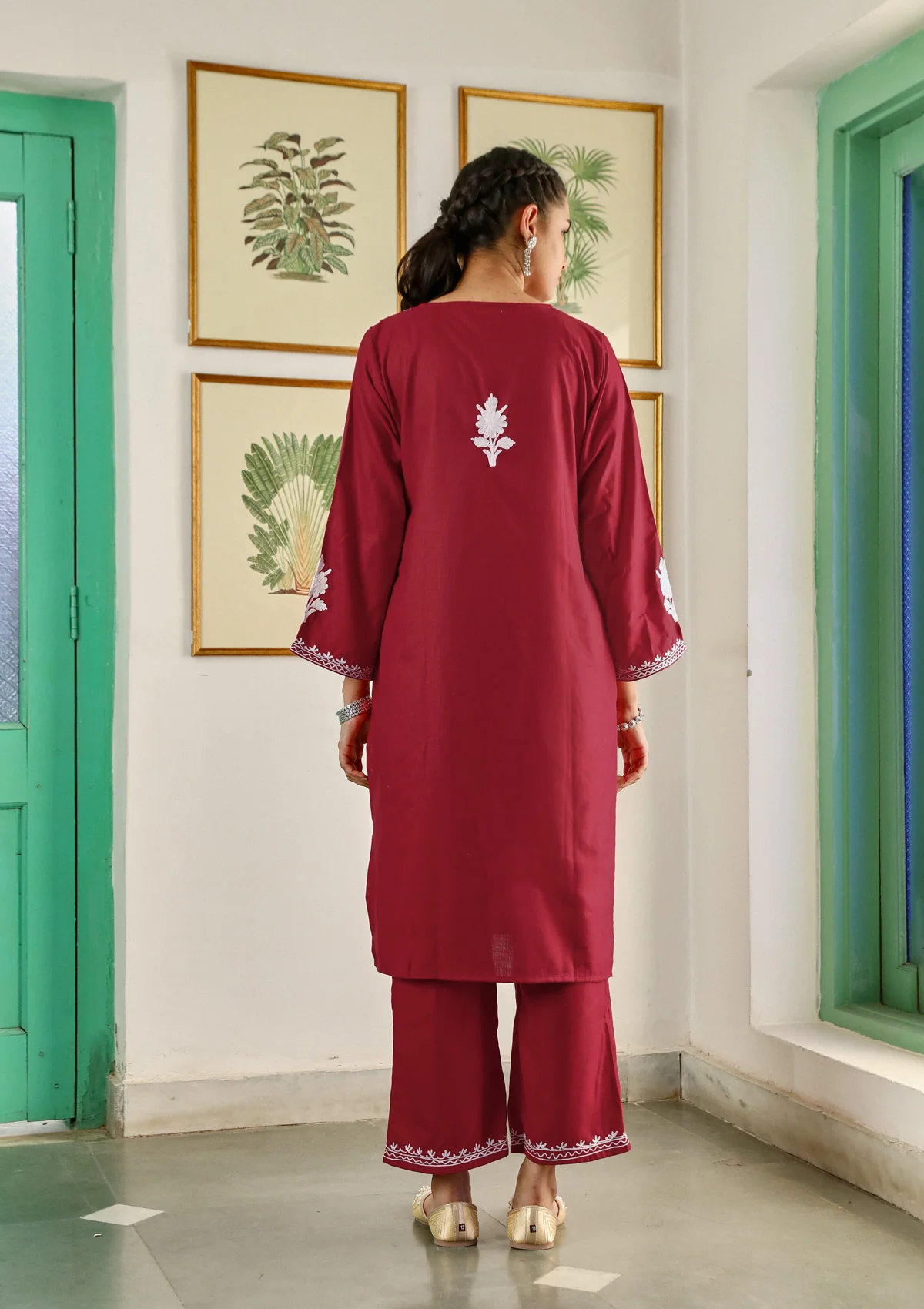 HOC Cotton Aari Embroidered Solid Women's 2 PC Long  Kurta Set - Red - Healthber