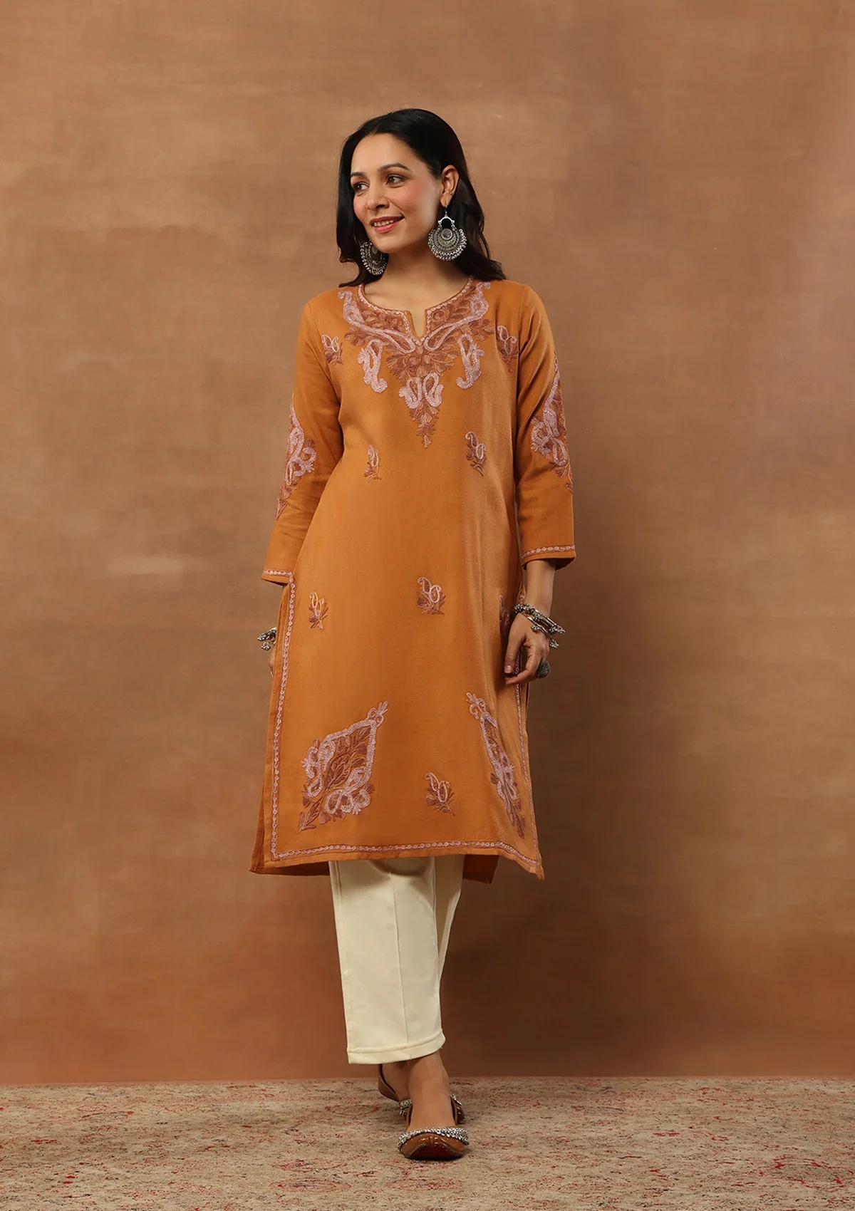 HOC Aari Embroidered Woollen Solid Women's Long Kurta - Rust - Healthber
