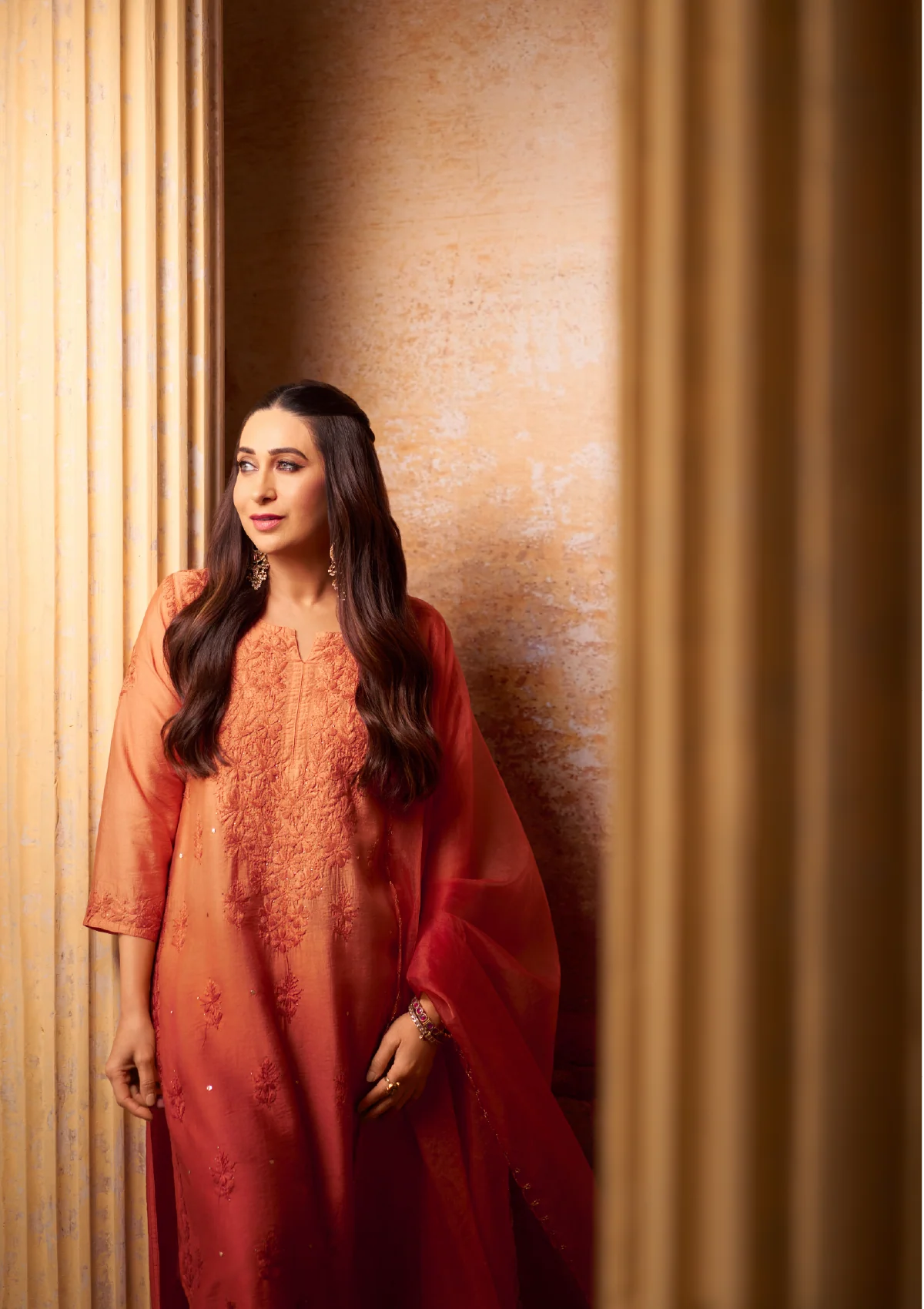 Karisma Chanderi Chikankari Mukaish With Kamdani Work Solid Women's 3 PC Long Kurta Set - Orange - Healthber