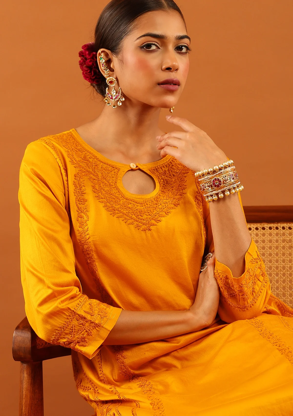 HOC Jaam Silk Chikankari Solid Women's 2 PC Long Kurta Set - Mustard - Healthber