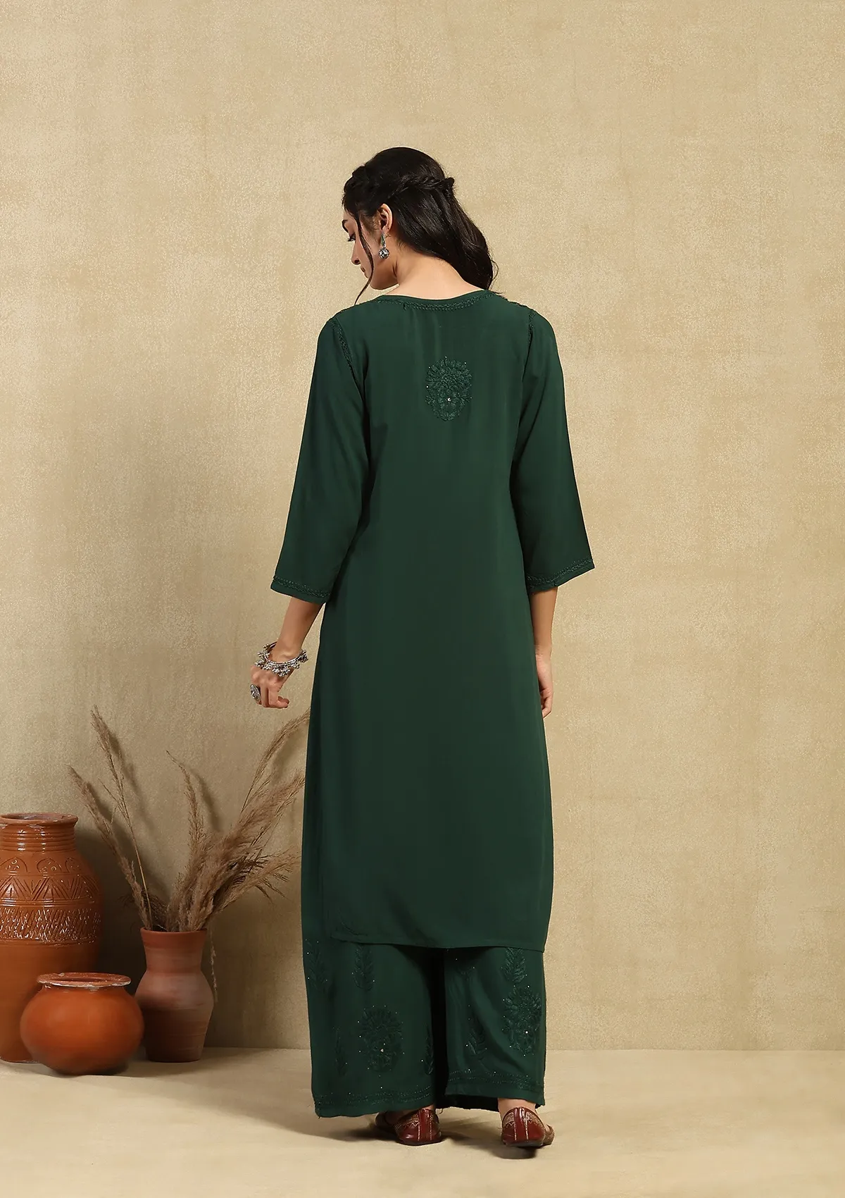 HOC Rayon Chikankari Mukaish Solid Women's 2PC Long Kurta Set - Dark Green - Healthber