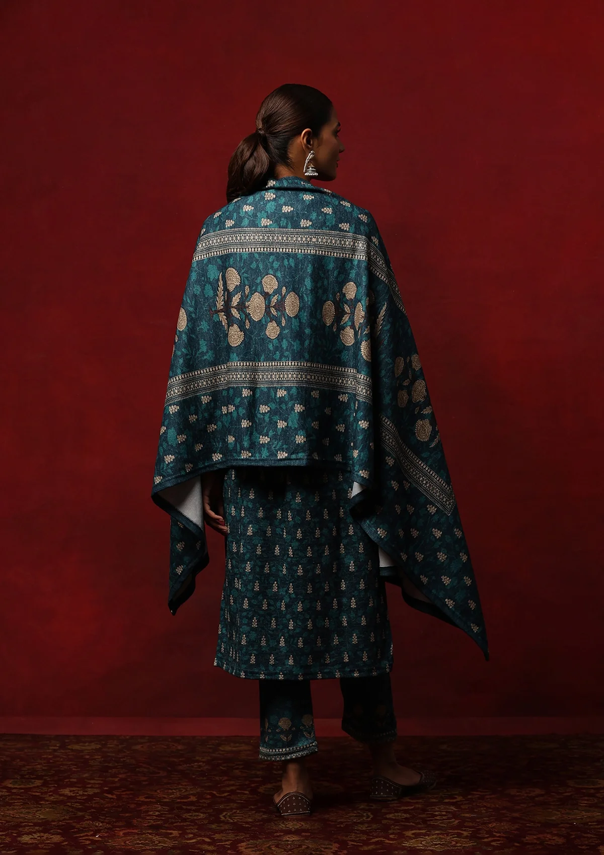 HOC Woollen Hand Embellished Printed Women's 3 PC Kurta Set - Teal Green - Healthber