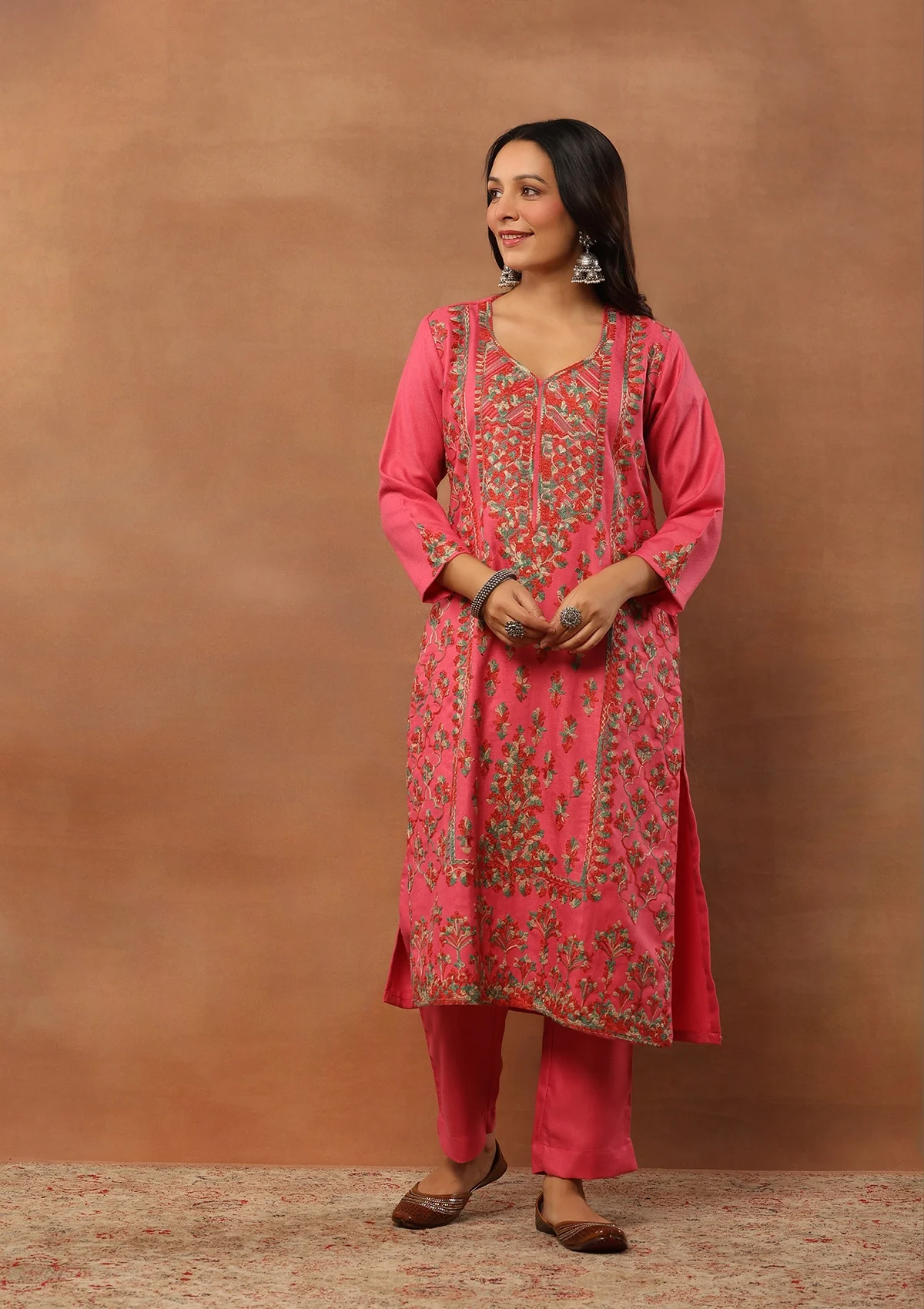 HOC Aari Woollen Straight Kurta Set with Dupatta - Healthber