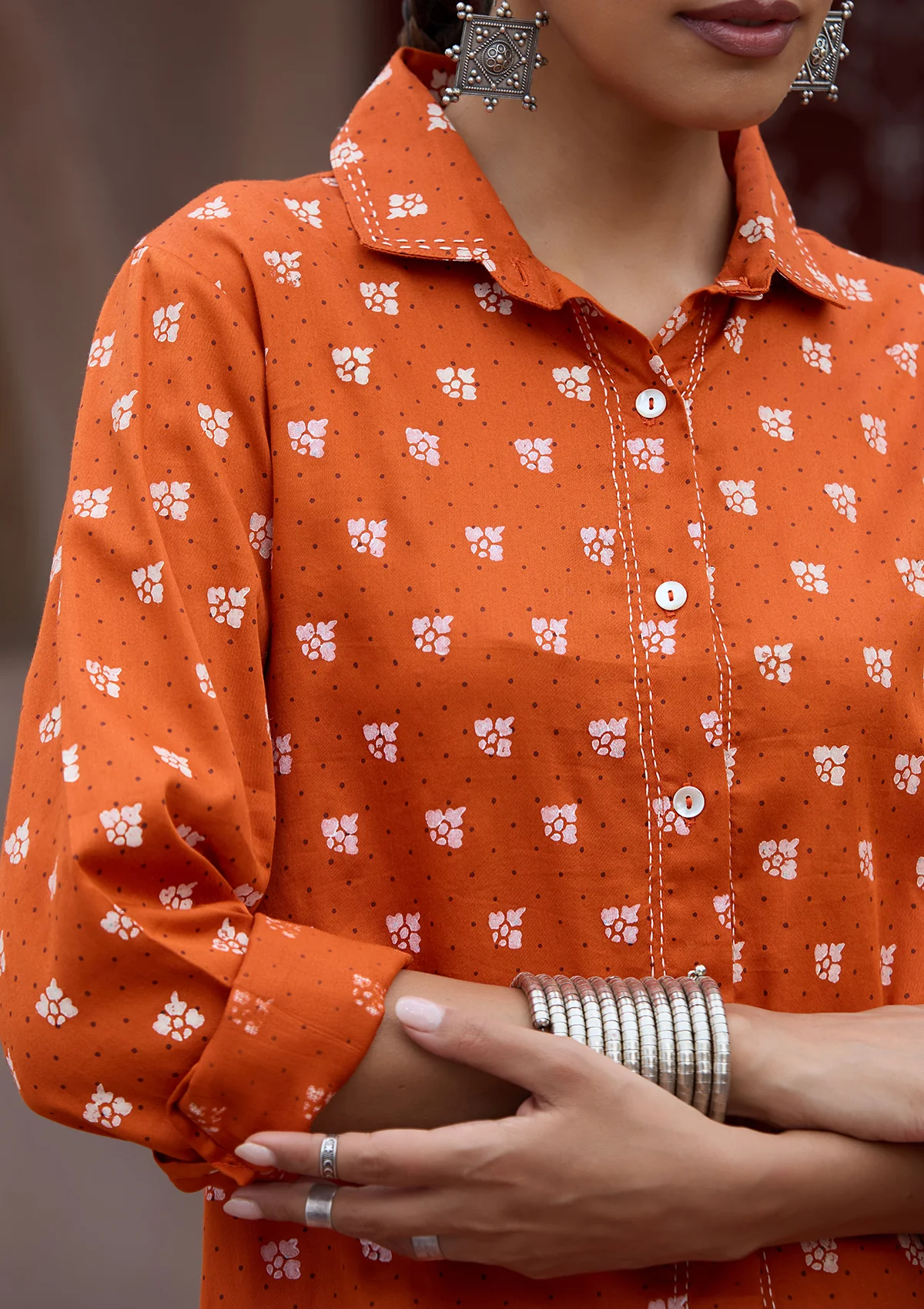 HOC Glazed Cotton Hand Block Printed with Hand Embroidery Women's 2 PC Co-ord Set - Orange - Healthber