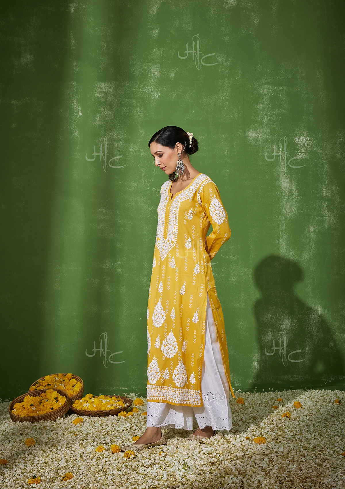 HOC Mira Chikankari Cotton Straight Kurta - Yellow - Healthber