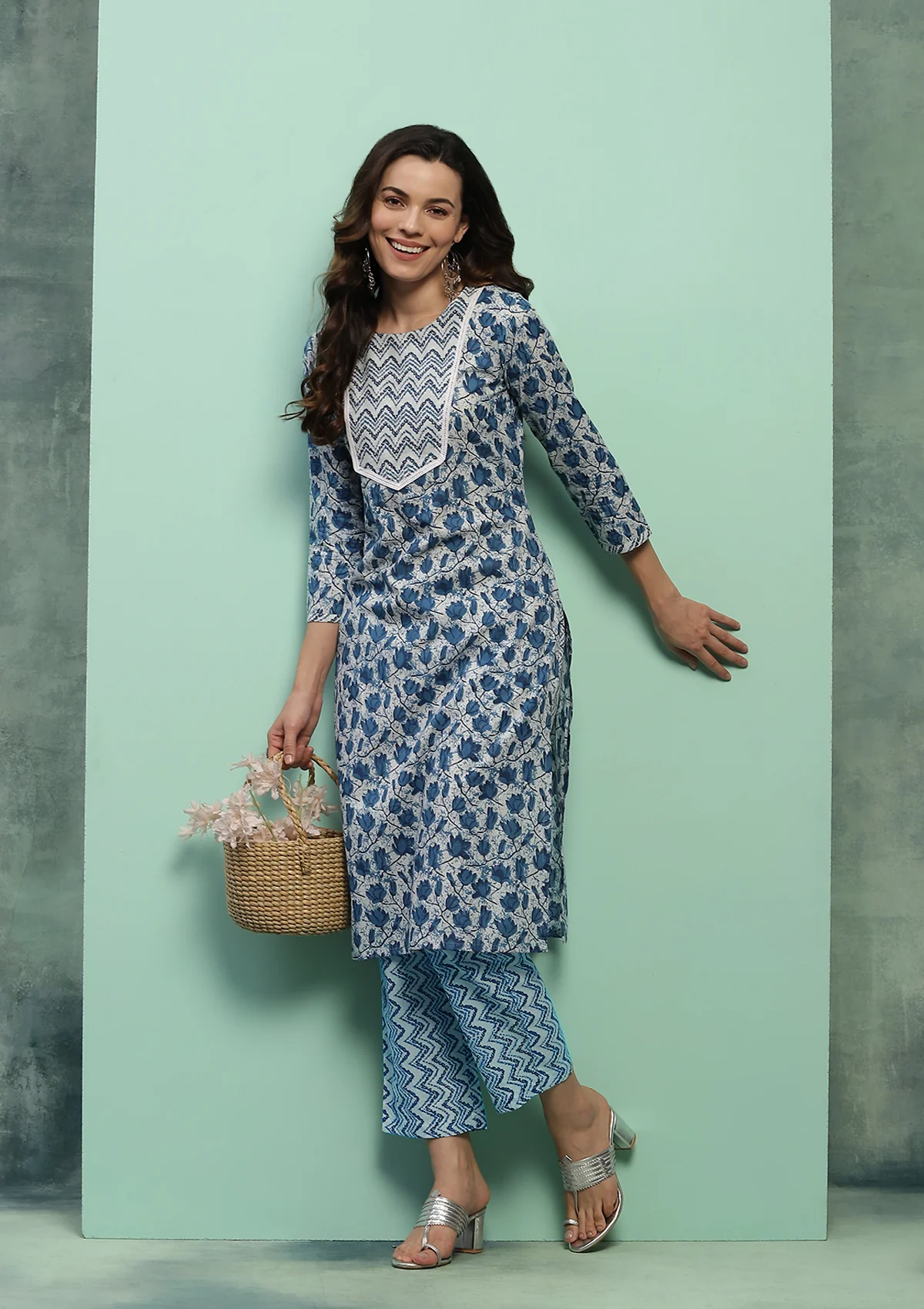 HOC Cotton Printed Women's 2 PC Long Kurta Set - Blue - Healthber