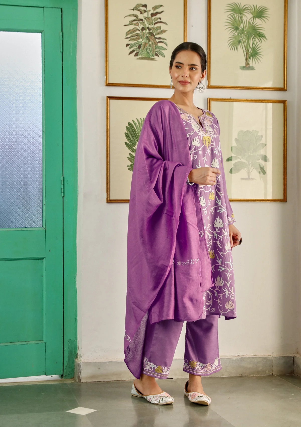 HOC Cotton Aari Embroidered Solid Women's 3 PC Long Kurta Set with Dupatta -  Purple - Healthber