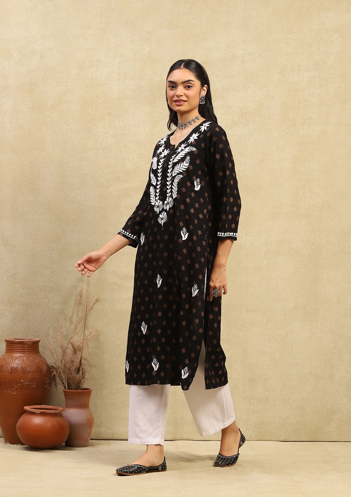 HOC Rayon Chikankari Printed Women's Long Kurta - Black - Healthber