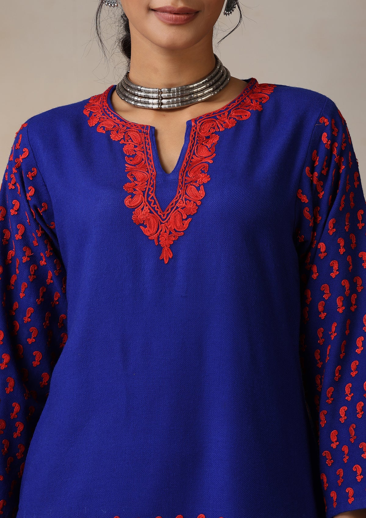 HOC Aari Embroidered Woollen Solid Women's Long Kurta - Royal Blue - Healthber