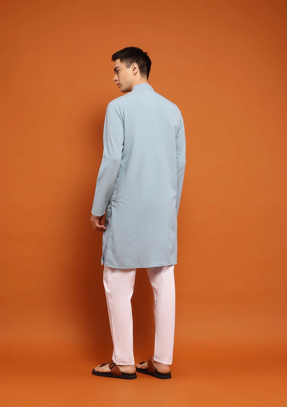 HOC Dobby Textured Solid Men's Long Kurta - Powder Blue - Healthber