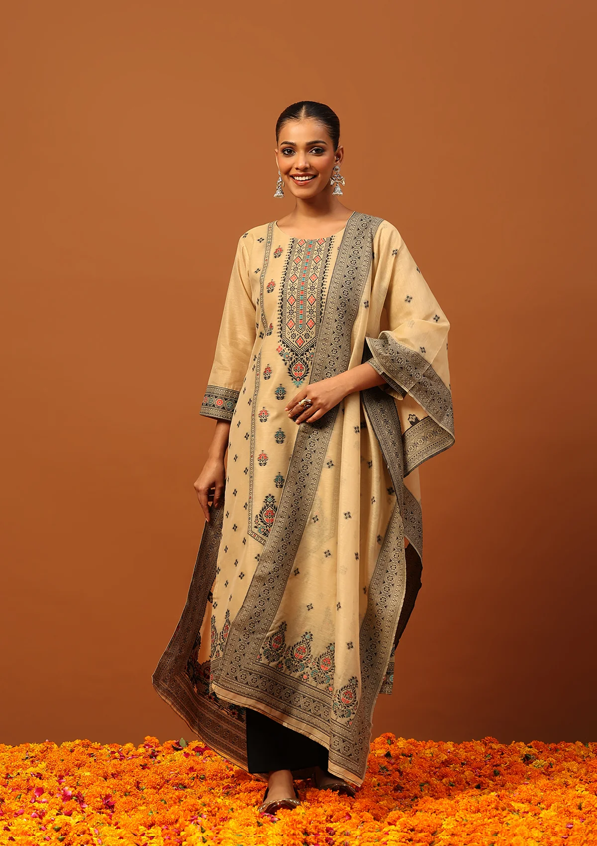 HOC Banarasi Chanderi Hand Weave Women's 3 PC Long Kurta Set -Beige - Healthber