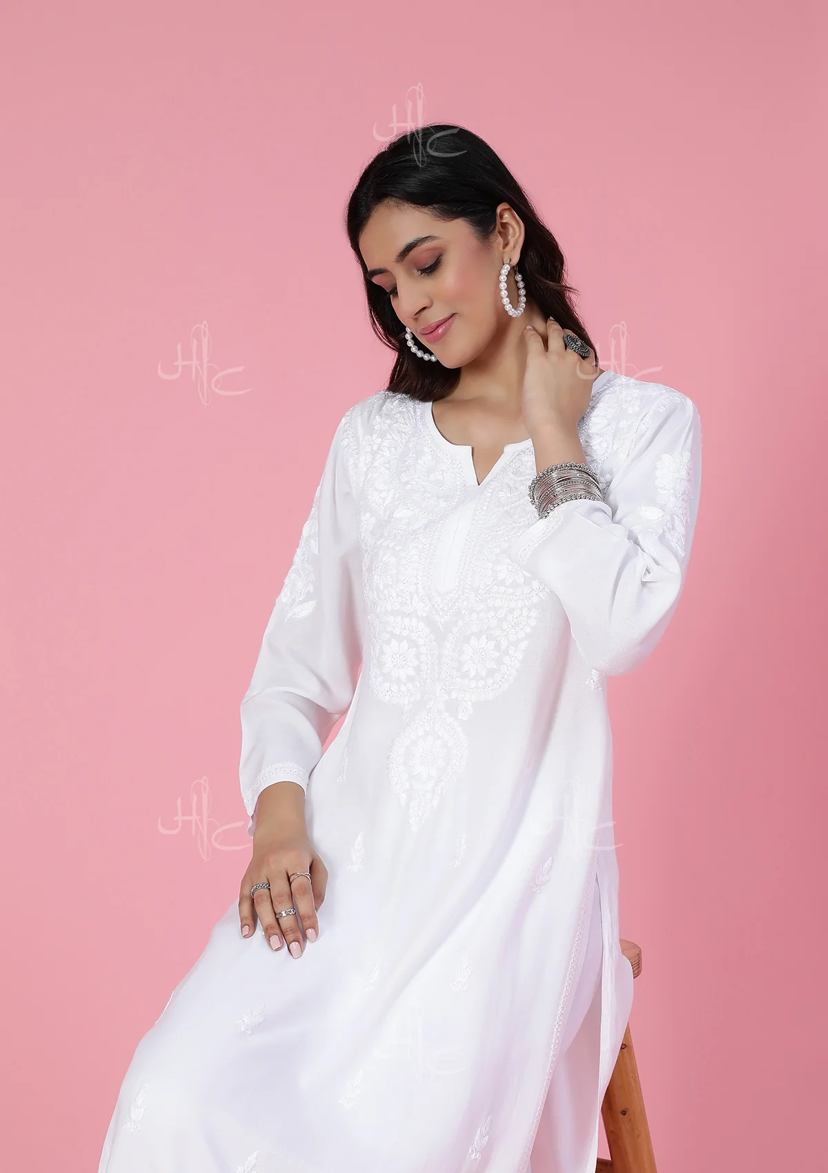 HOC Rayon Chikankari Solid Women's Long Kurta - White - Healthber