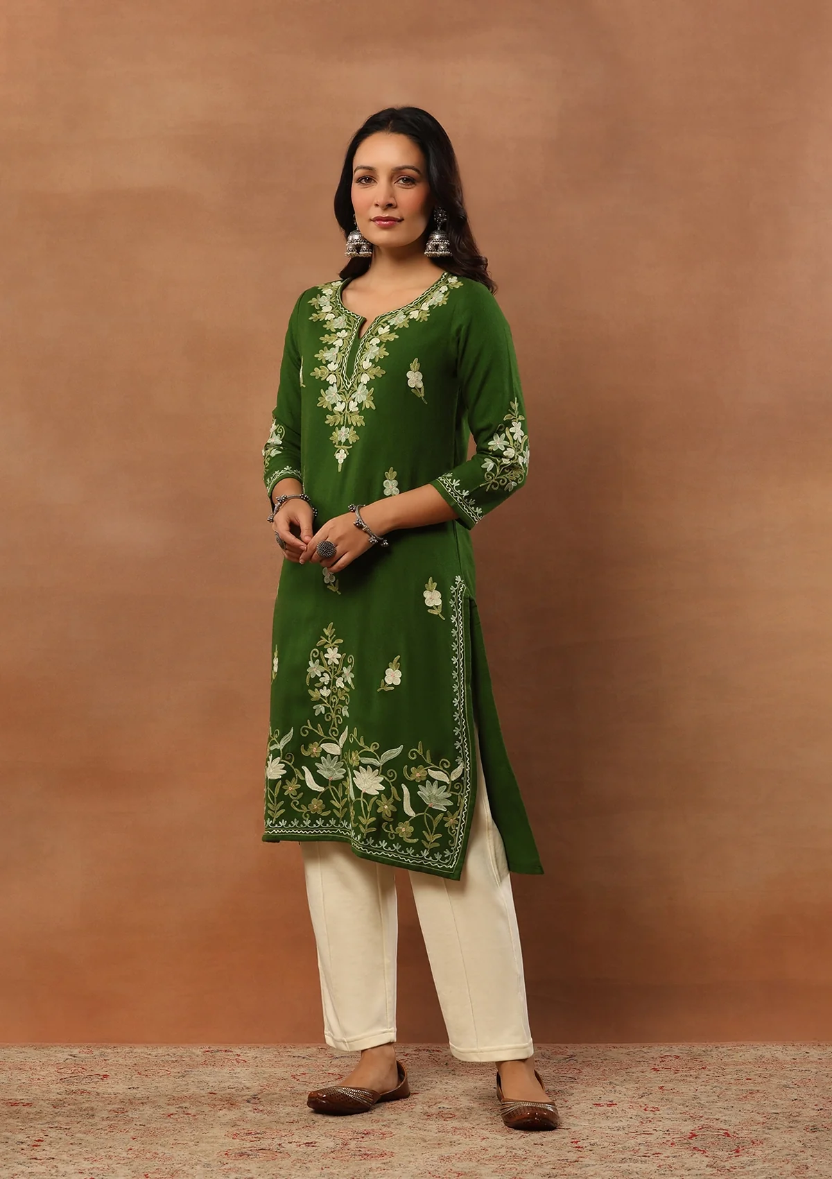HOC Aari Embroidered Woollen Solid Women's Long Kurta -Green - Healthber