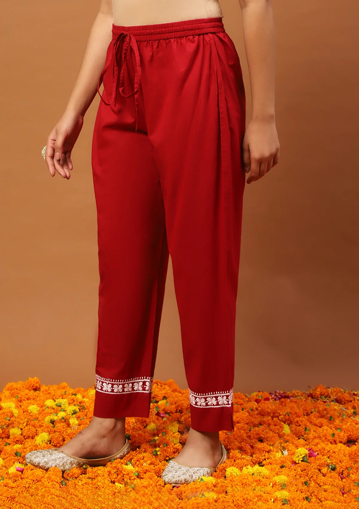 HOC Cotton Chikankari Solid Women's 2 PC Long Kurta Set-Red - Healthber