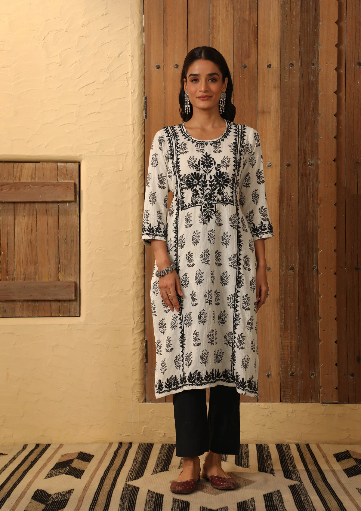 HOC Cotton Chikankari Printed Women's Long Kurta - White - Healthber