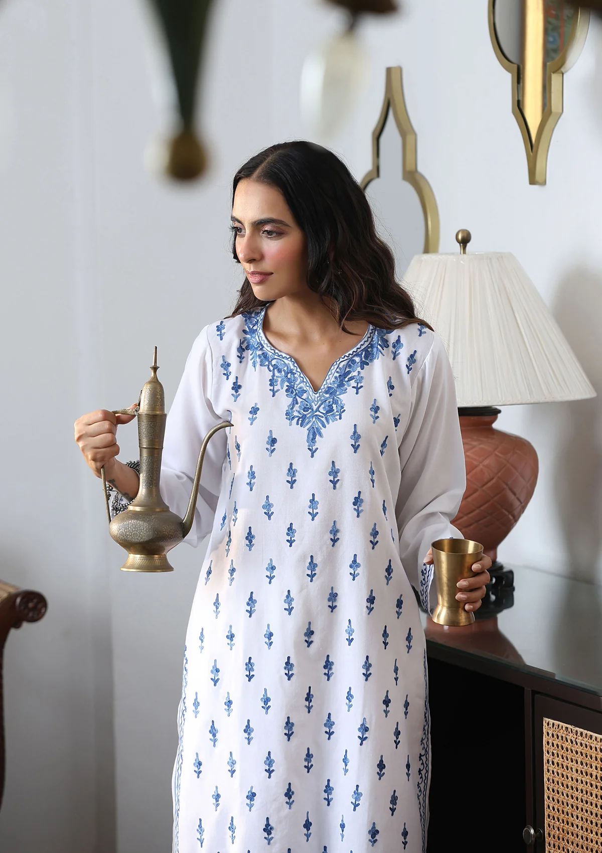 HOC Aari Embroidered Cotton Solid Women's Long Kurta - White - Healthber