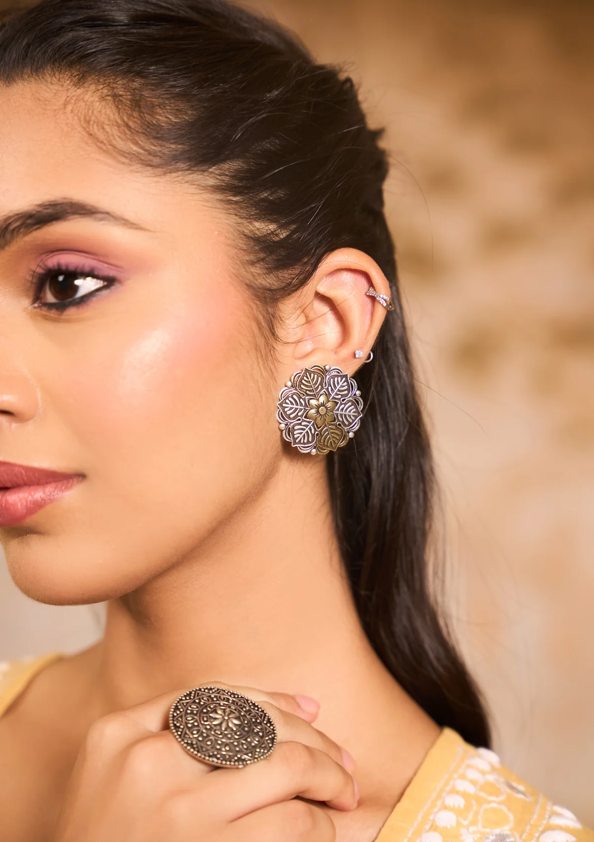 HOC Handcrafted Dual Tone Floral Stud Earrings - Healthber