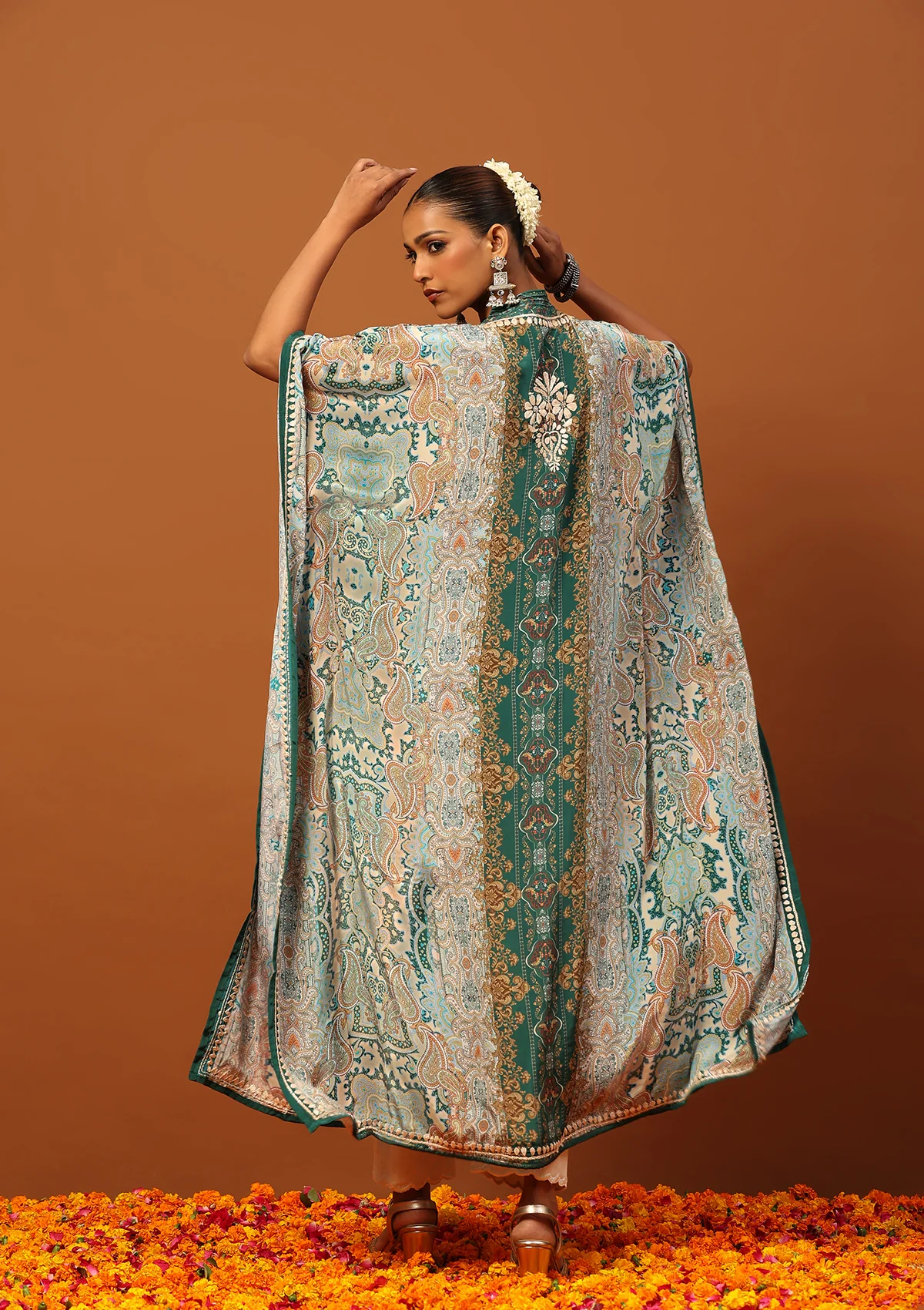 HOC Crepe Chikankari Printed Women's Kaftan -Green - Healthber