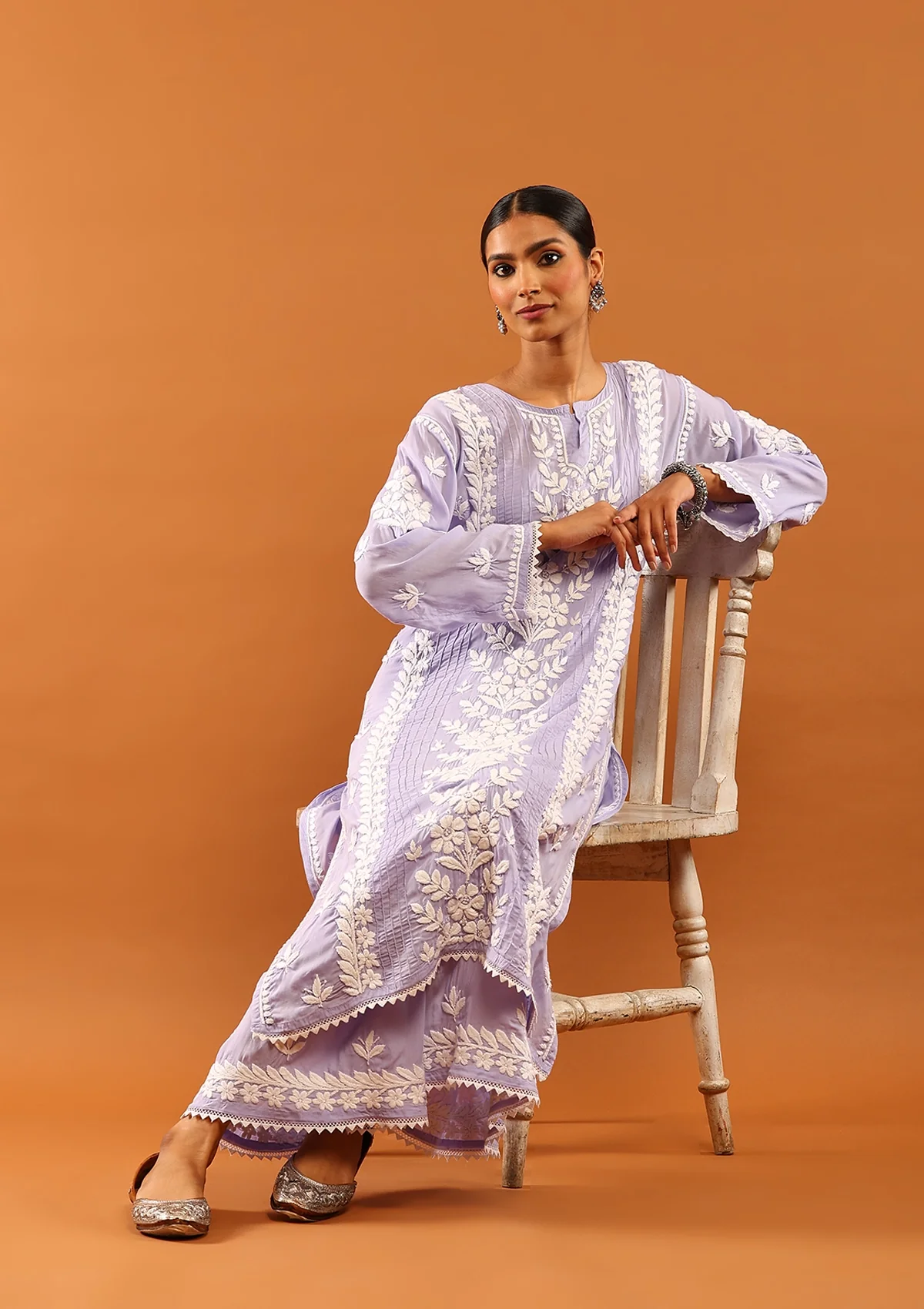 HOC Modal Chikankari Solid Women's 2 PC Long Kurta Set with Lace -Lavender - Healthber